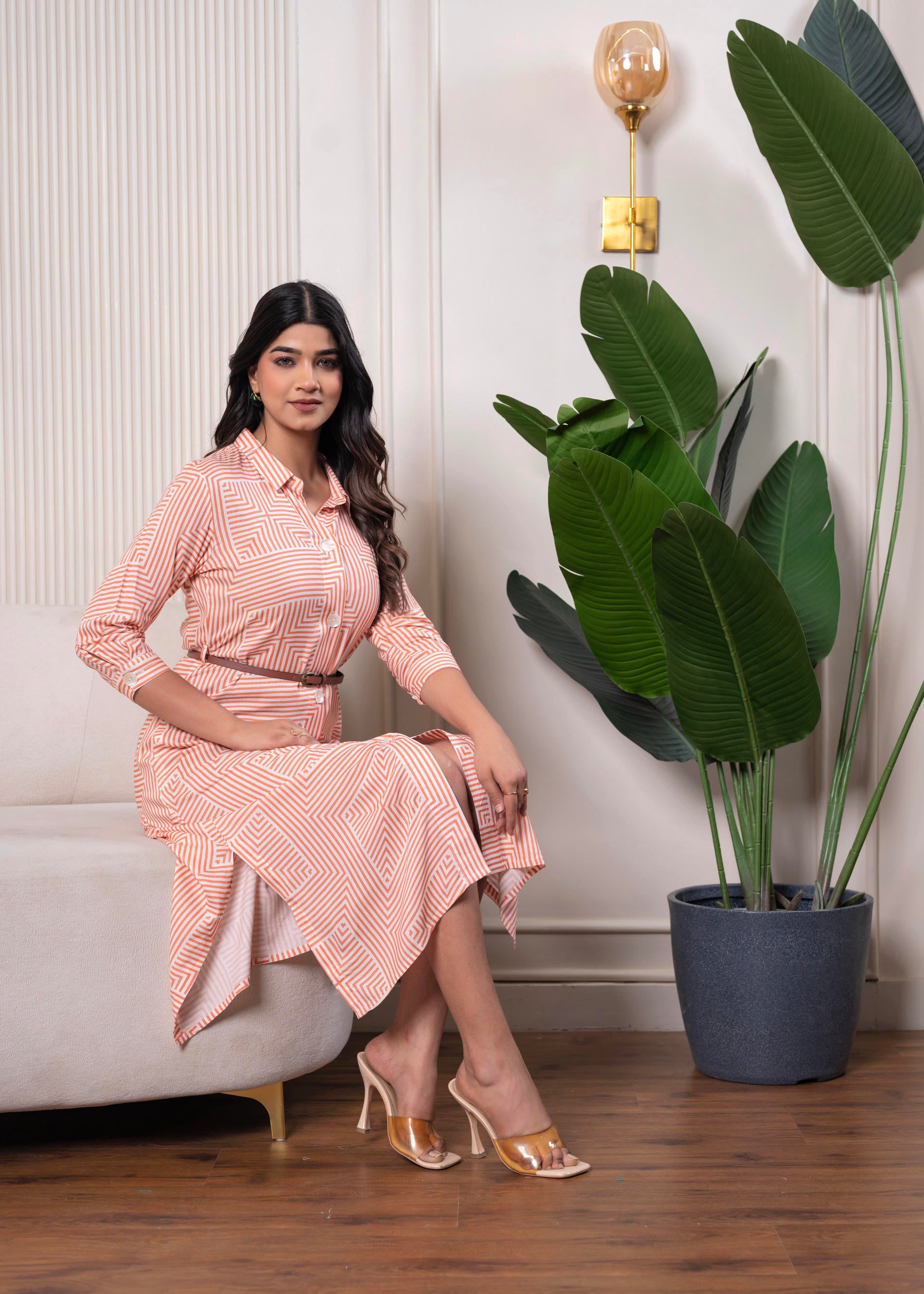 Lamora Peach & White Geometric Button-Down Midi Shirt Dress with Waist Belt