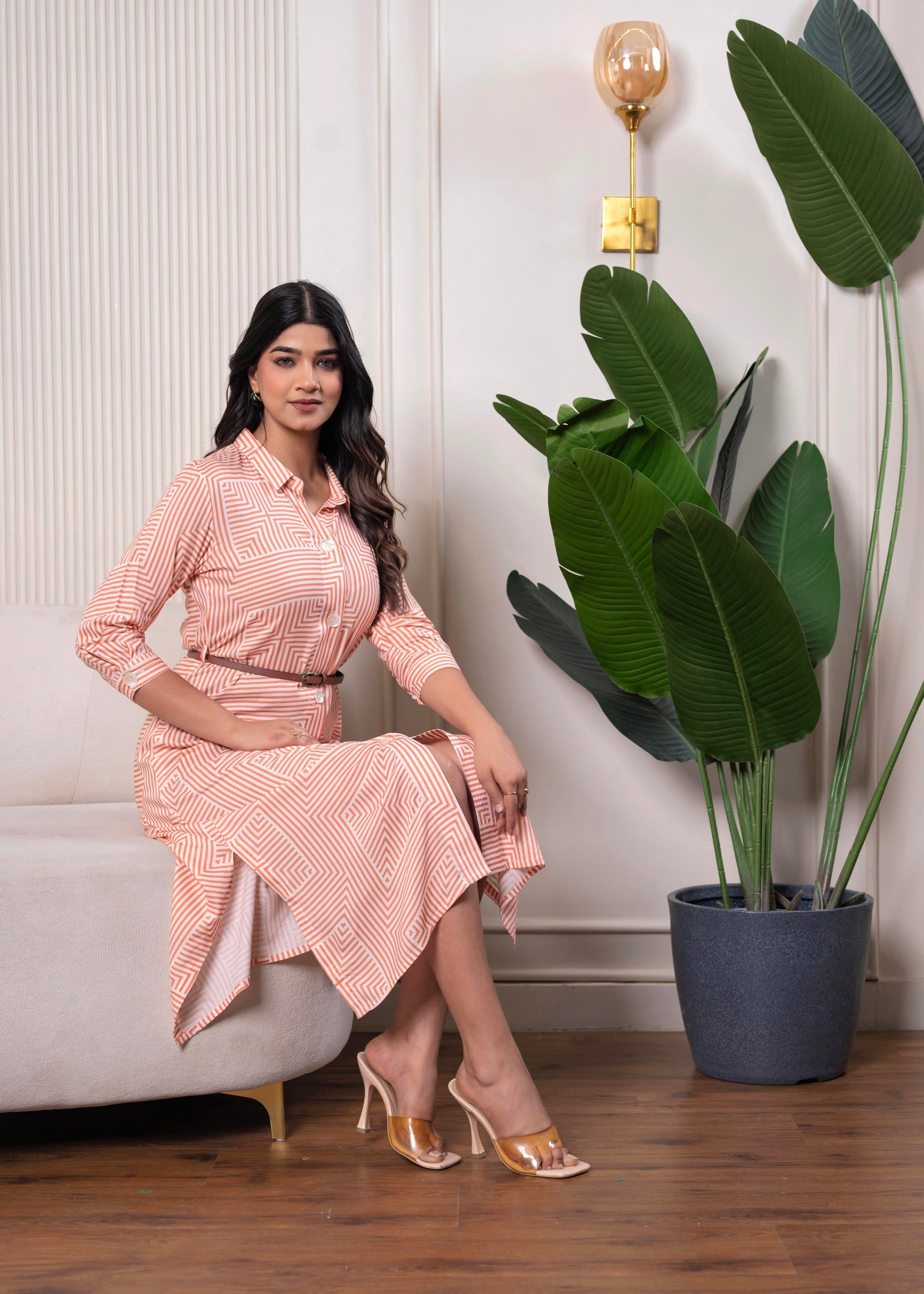 Lamora Peach & White Geometric Button-Down Midi Shirt Dress with Waist Belt