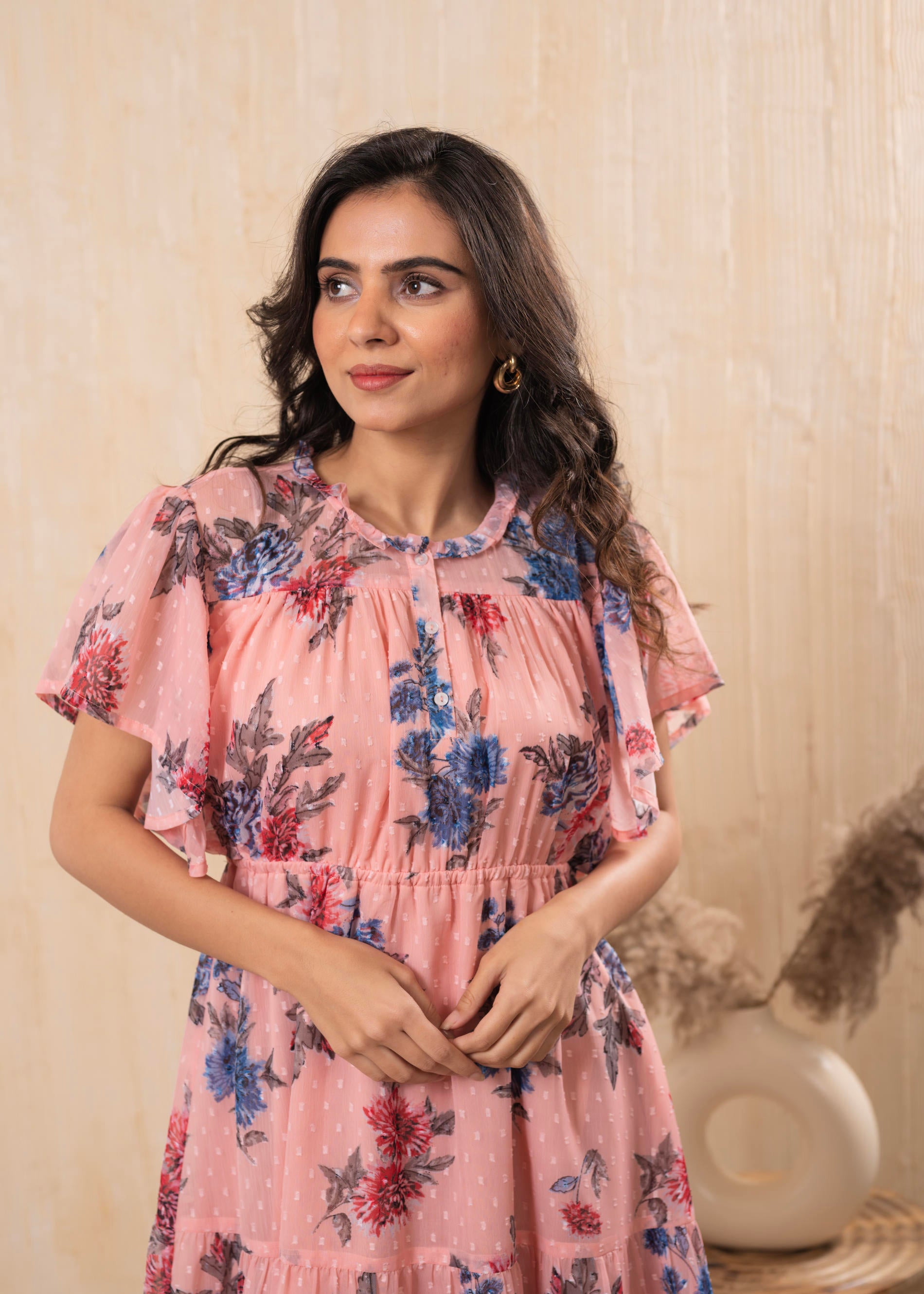 Lamora Peach Bloom Ruffle Tier Dress