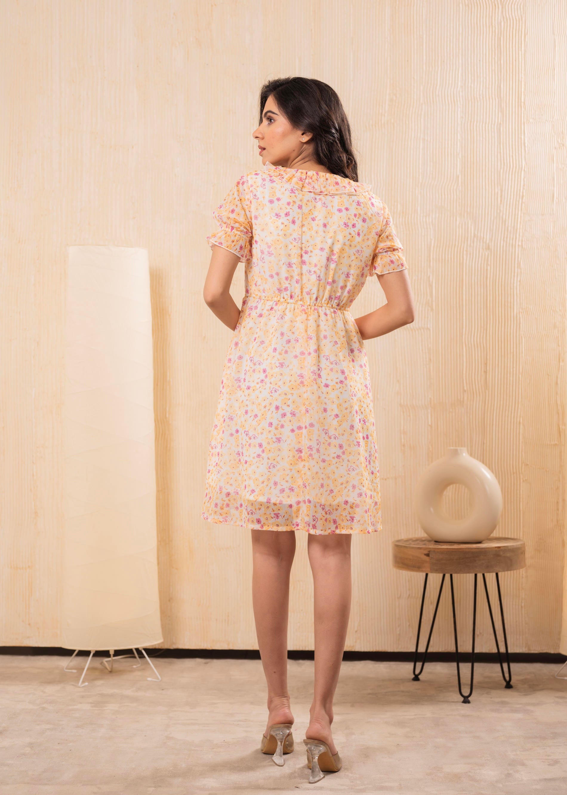 Lamora Pastel Peach Floral Fit & Flare Short Dress