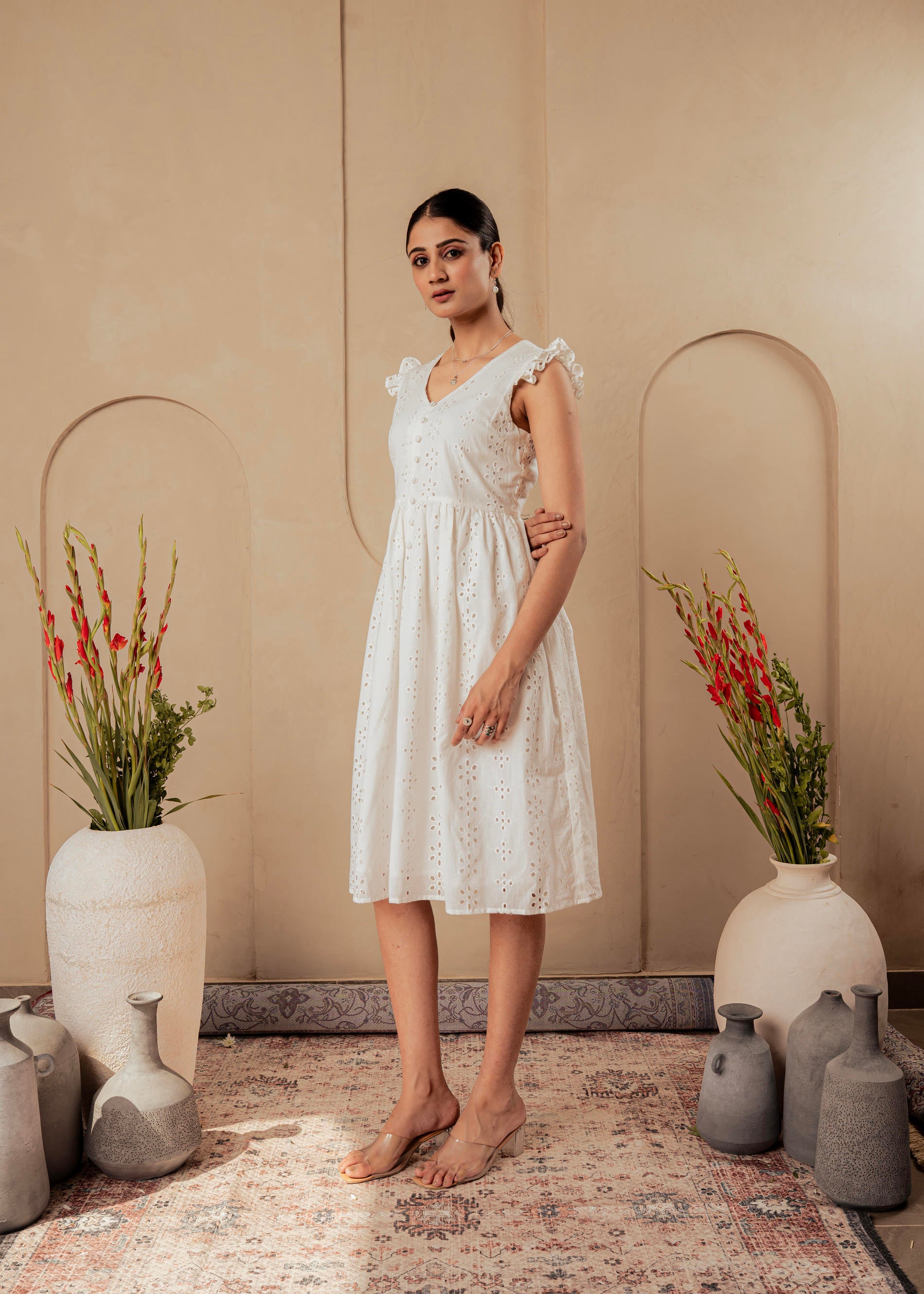 Lamora Cotton Midi Dress with Ruffled Sleeves