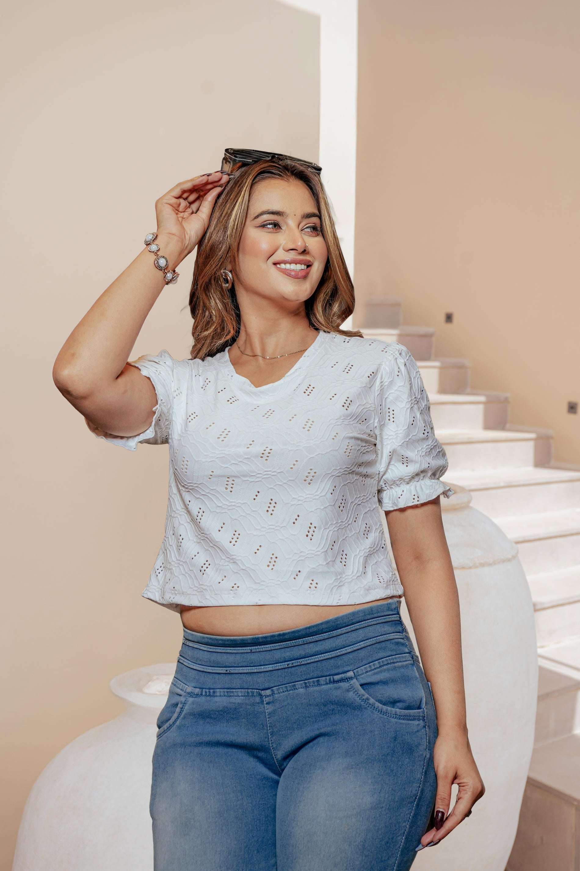 Lamora White Puff-Sleeve Crop Top