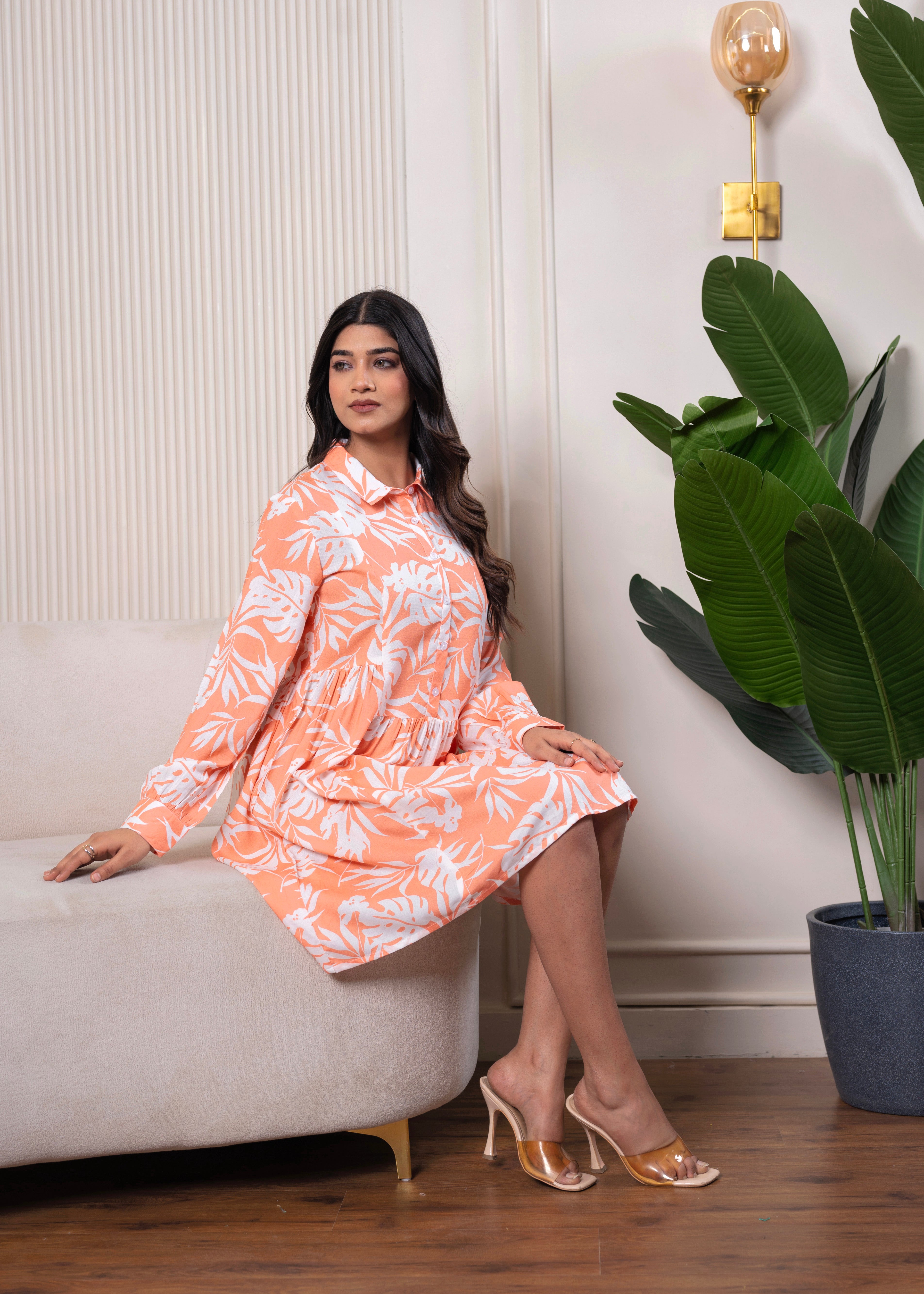 Lamora Orange Leaf Breeze Shirt Dress