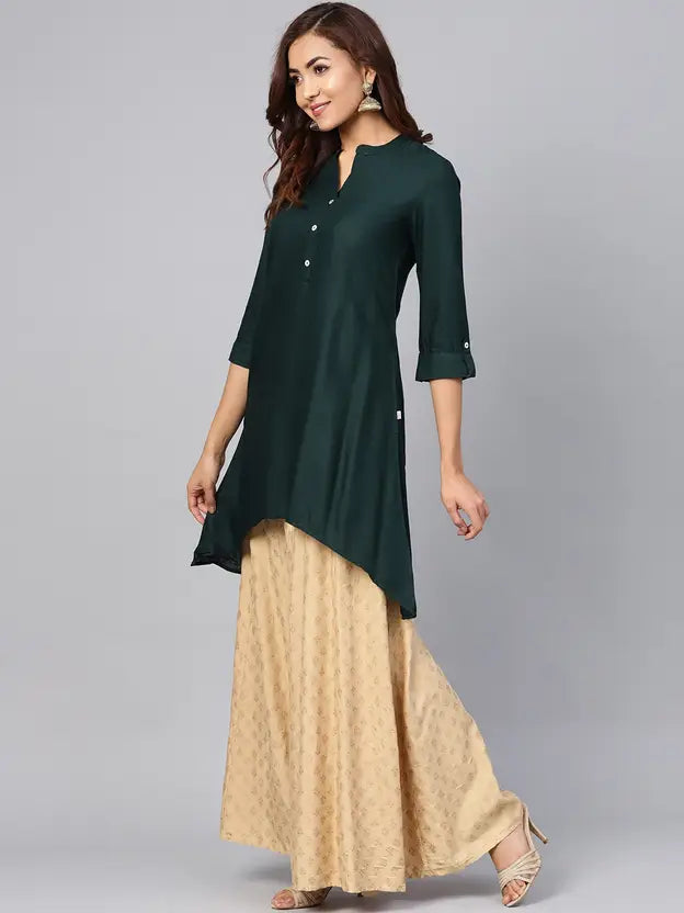 Women Solid Viscose Rayon Asymmetric Kurta (Dark Green)