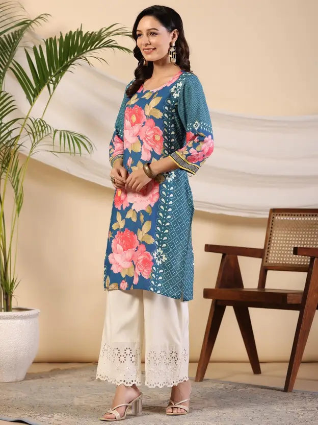 Blue Rayon Floral Printed Straight Kurta