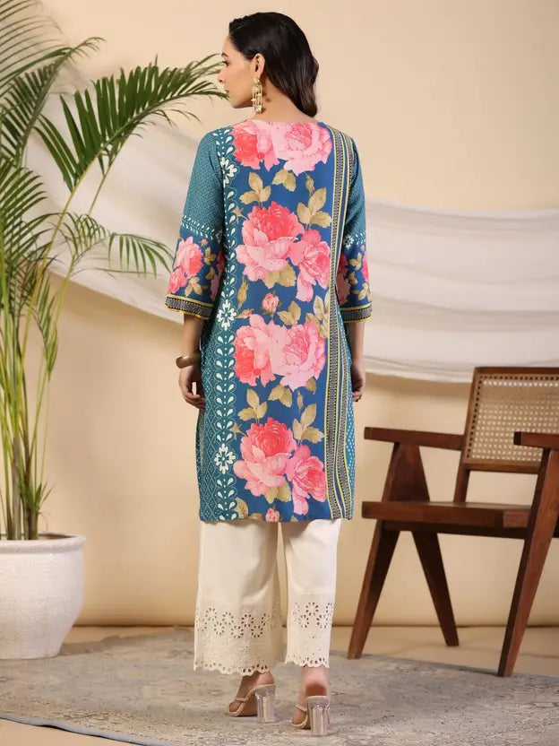 Blue Rayon Floral Printed Straight Kurta