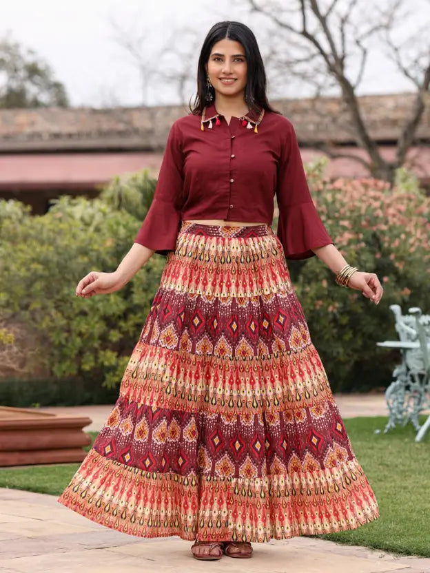 Women Viscose Rayon Shirt Skirt Set