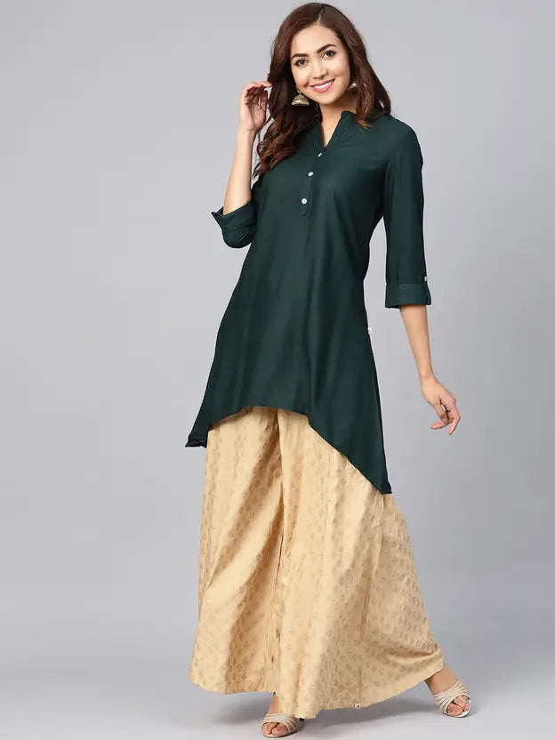 Women Solid Viscose Rayon Asymmetric Kurta (Dark Green)