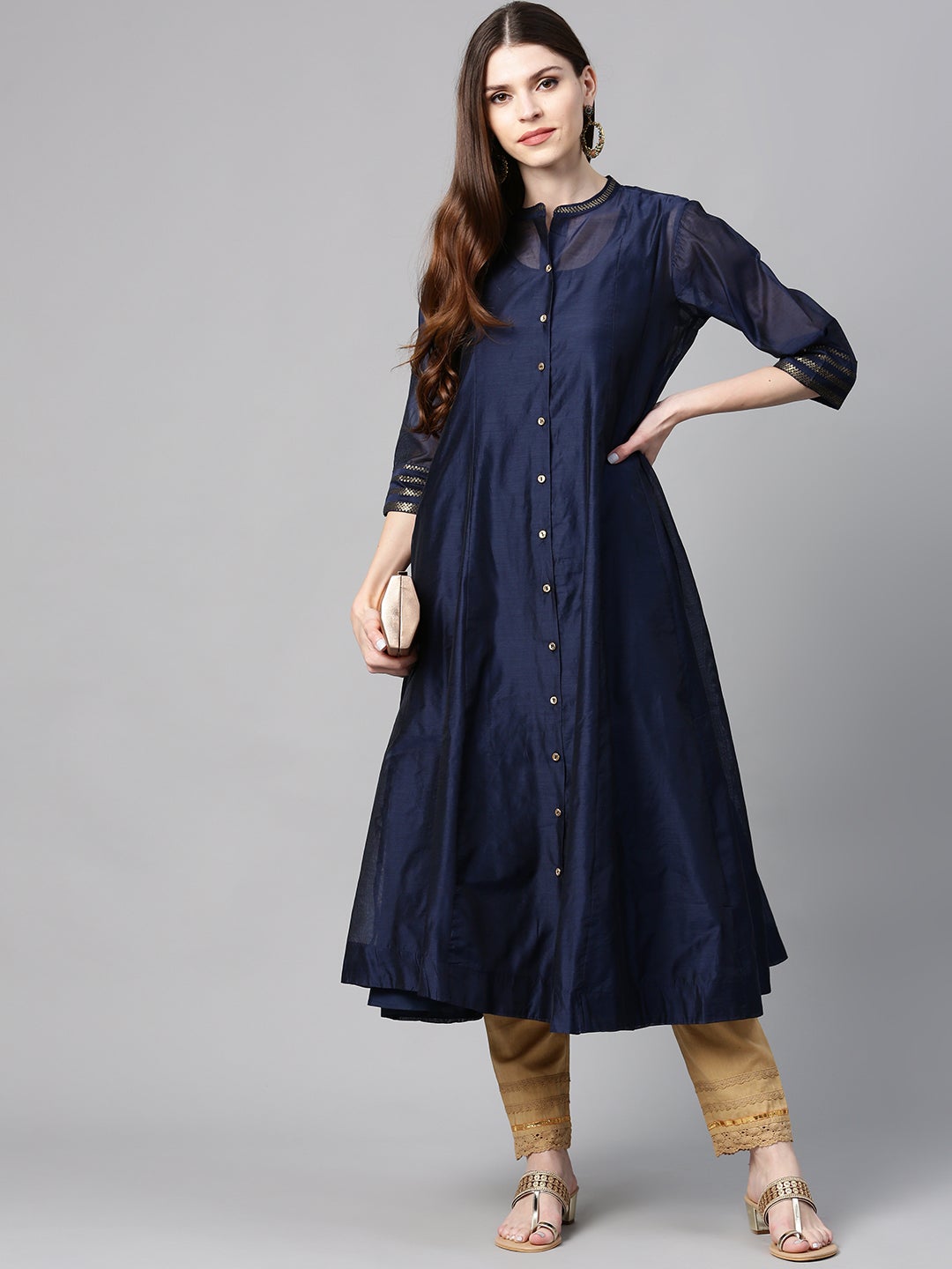 Indigo Chanderi Embellished Jacket Style 2 Piece Kurta