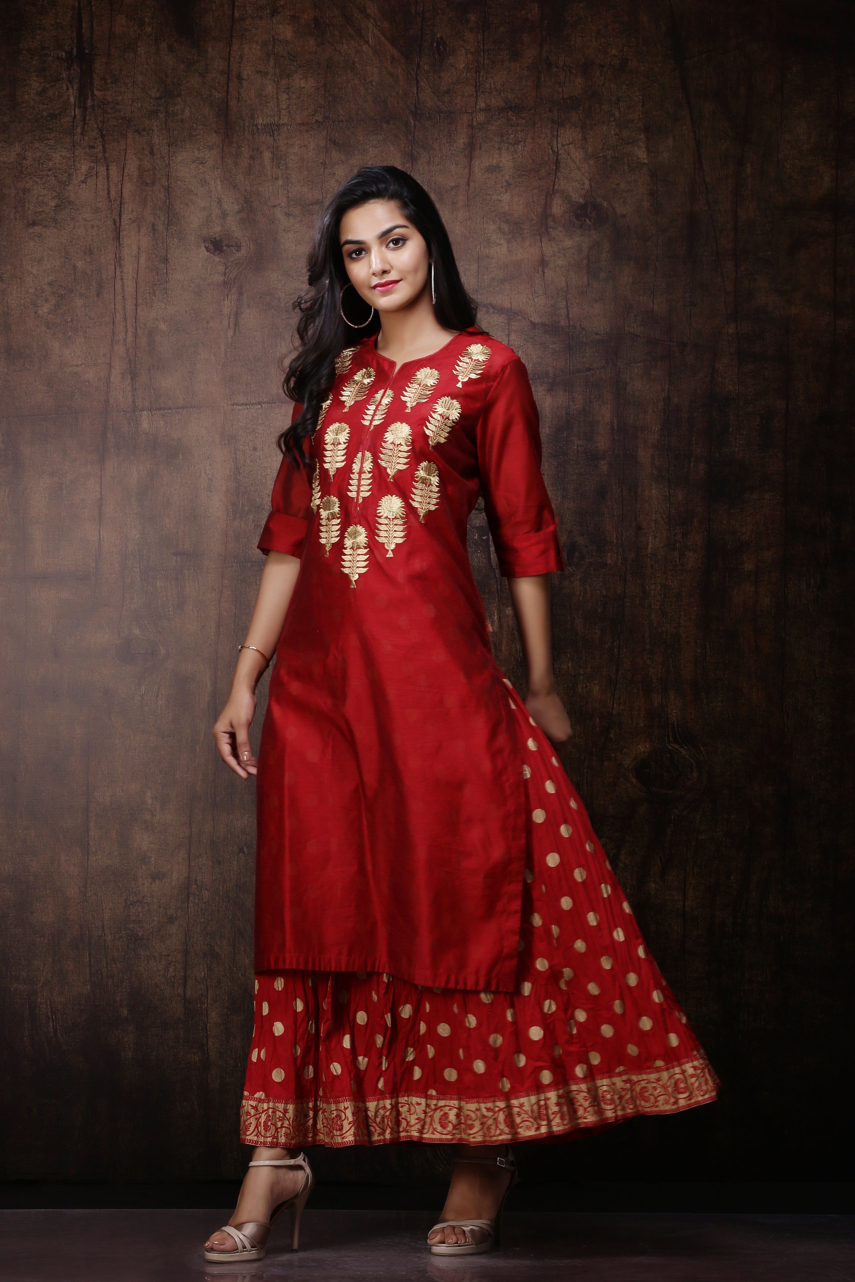 Juniper Maroon Chanderi Ethnic Motif Printed Layered Maxi Dress With Zari Work Embroidery