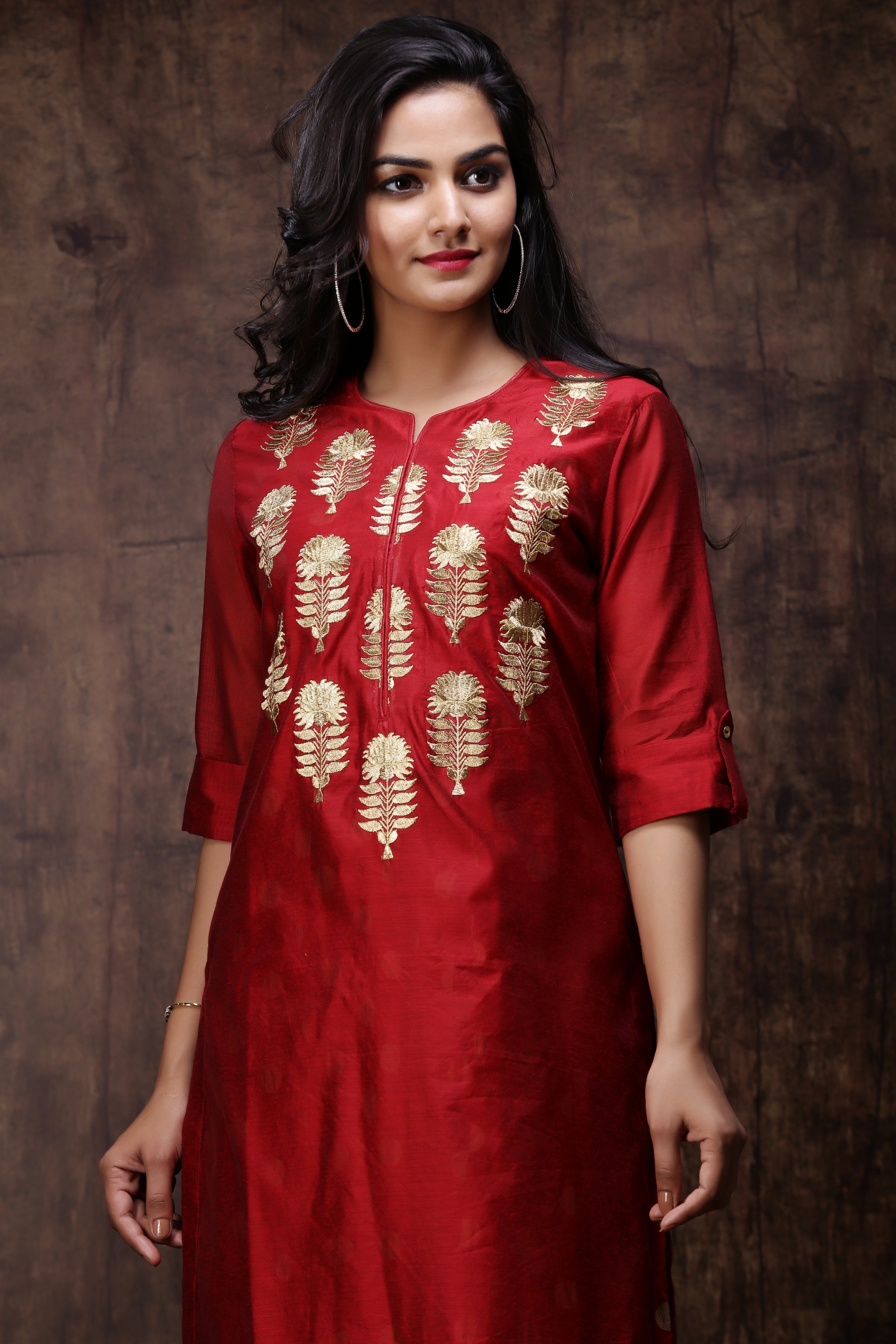 Juniper Maroon Chanderi Ethnic Motif Printed Layered Maxi Dress With Zari Work Embroidery