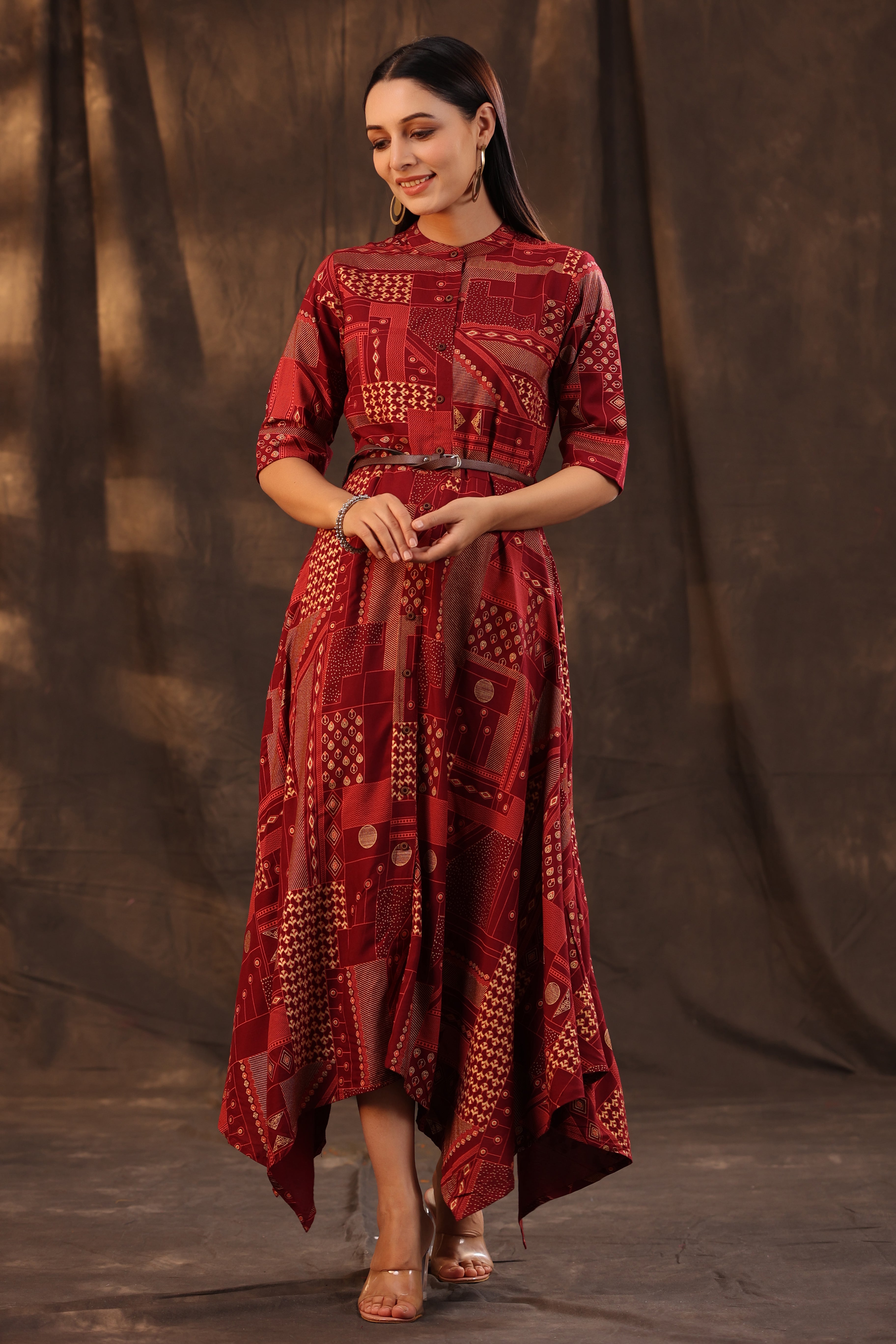 Juniper Maroon Rayon geometric foil printed handkerchief dress
