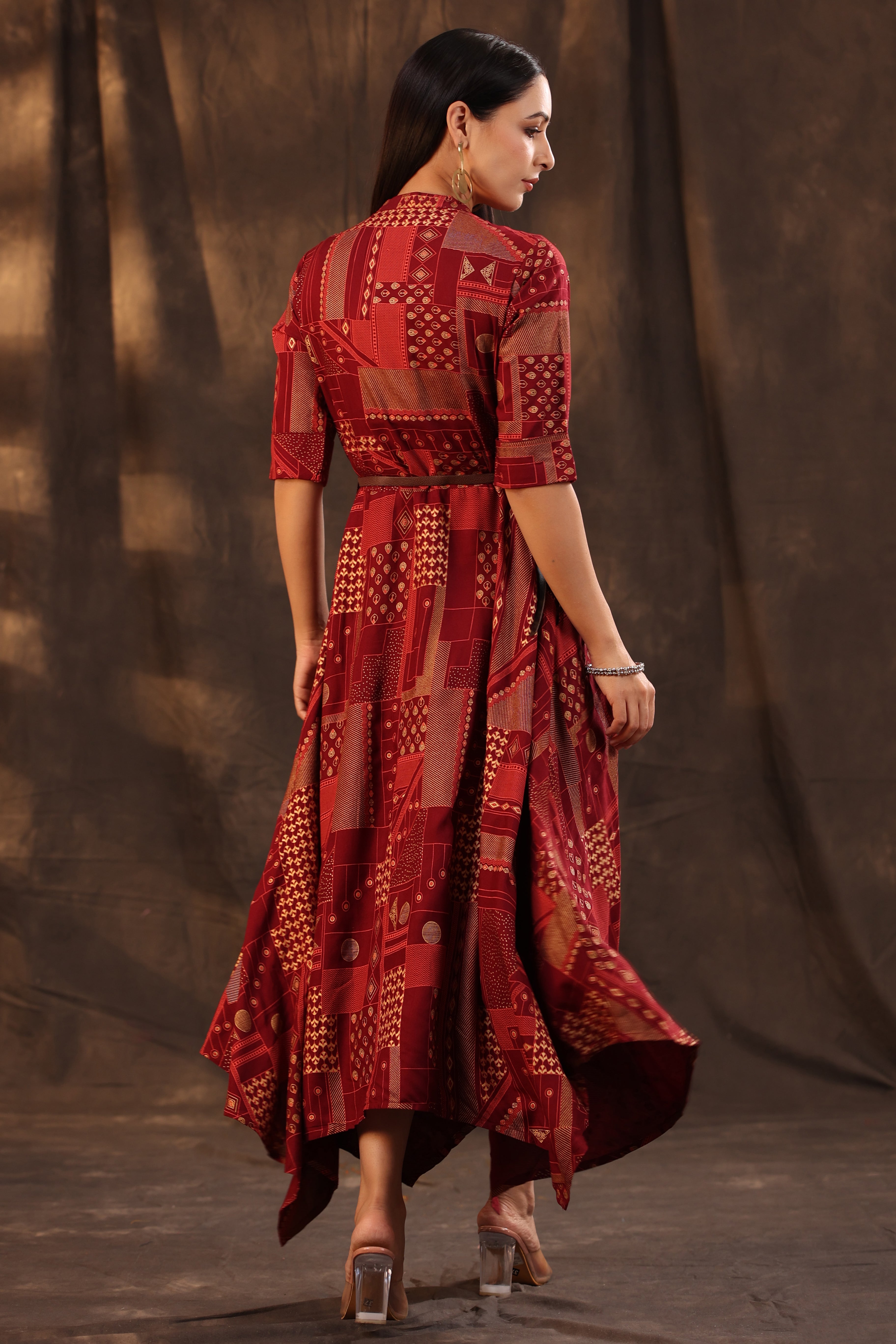 Juniper Maroon Rayon geometric foil printed handkerchief dress