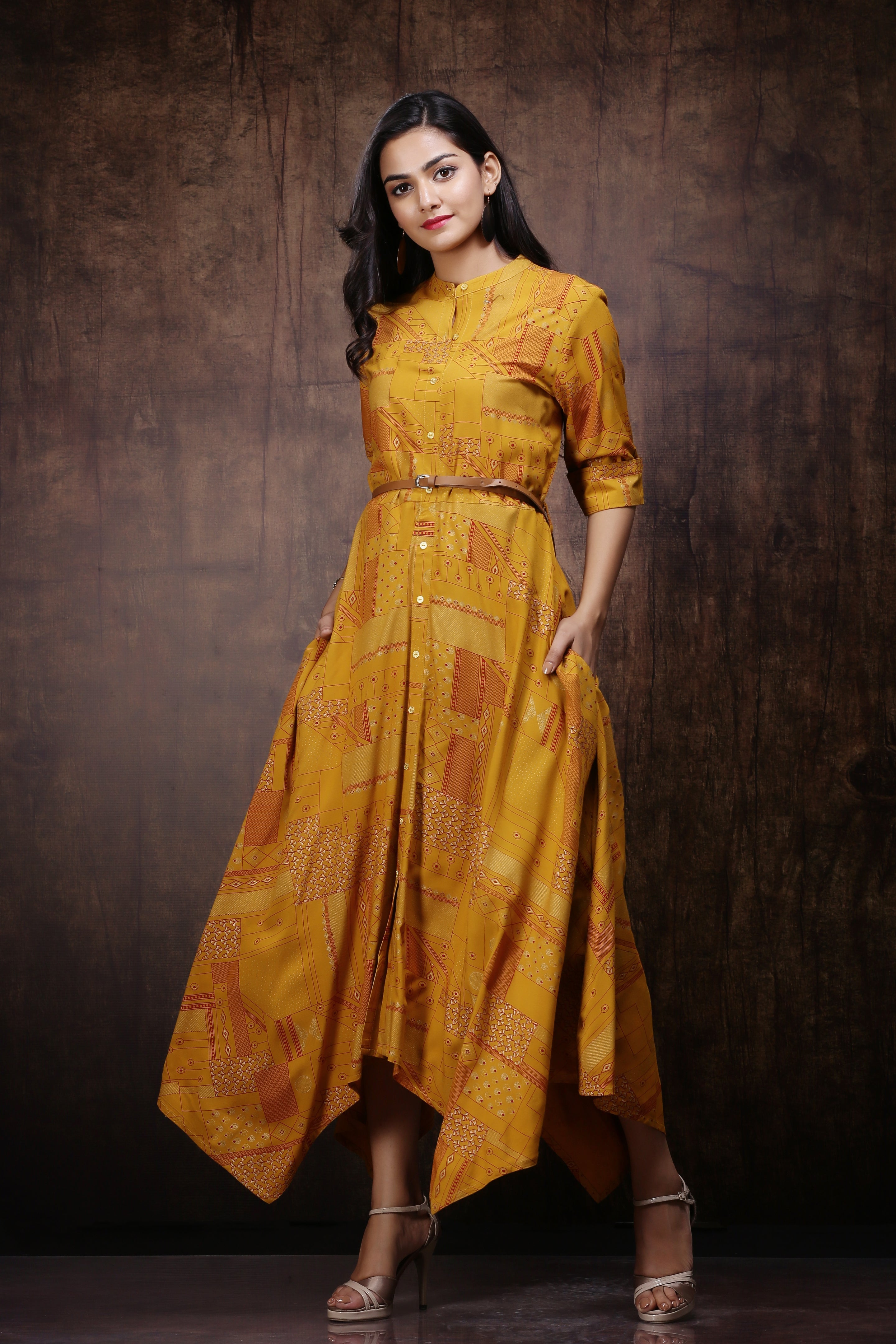 Juniper Mustard Rayon Printed Asymmetric Dress With Belt