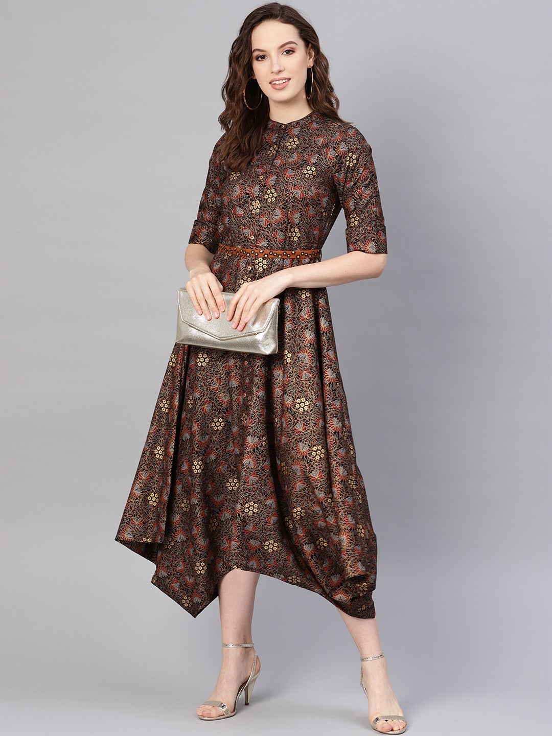 Juniper Black Rayon Printed Asymmetric Dress With Belt