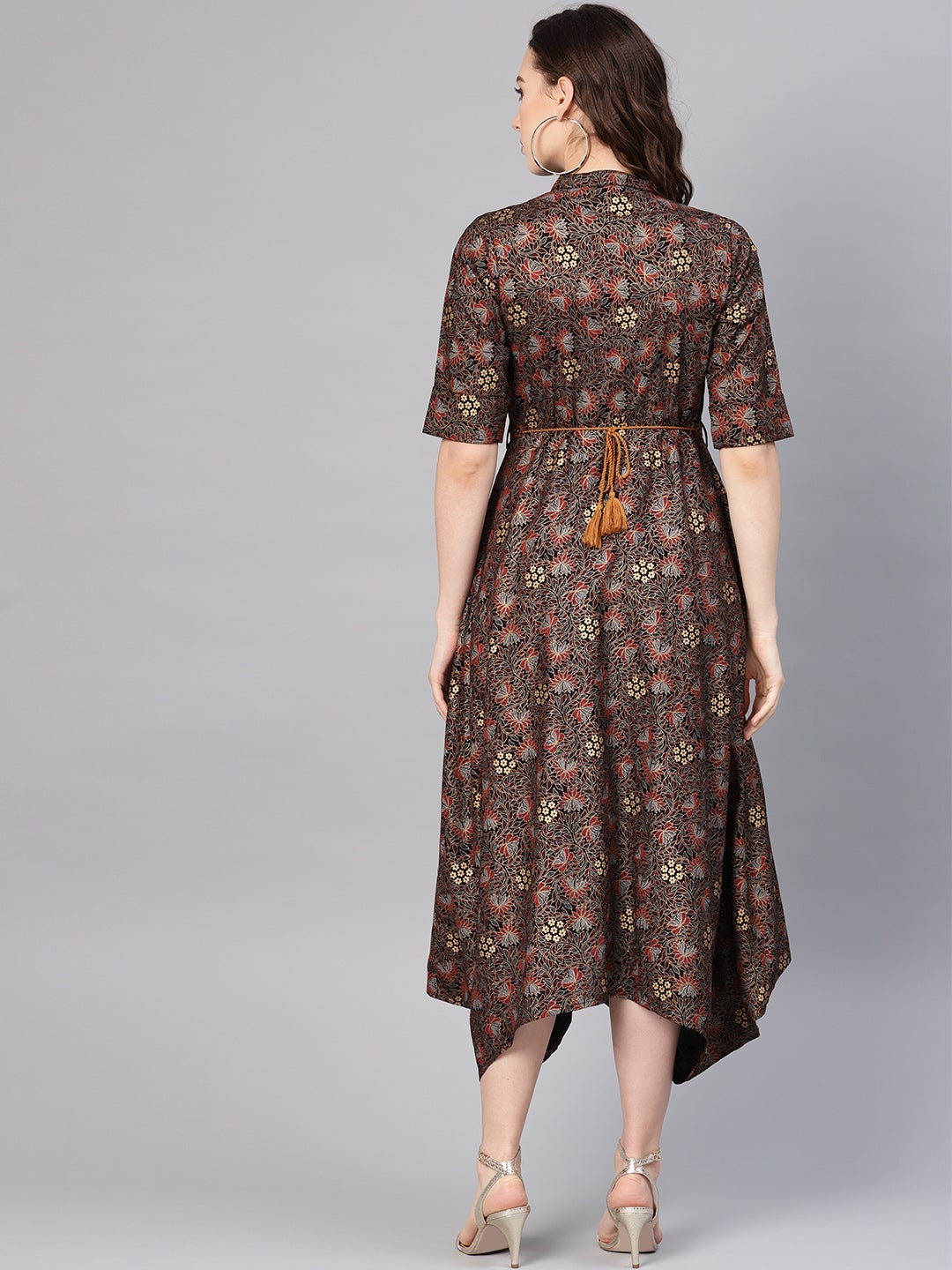 Juniper Black LIVA Printed Asymmetric Dress With Belt