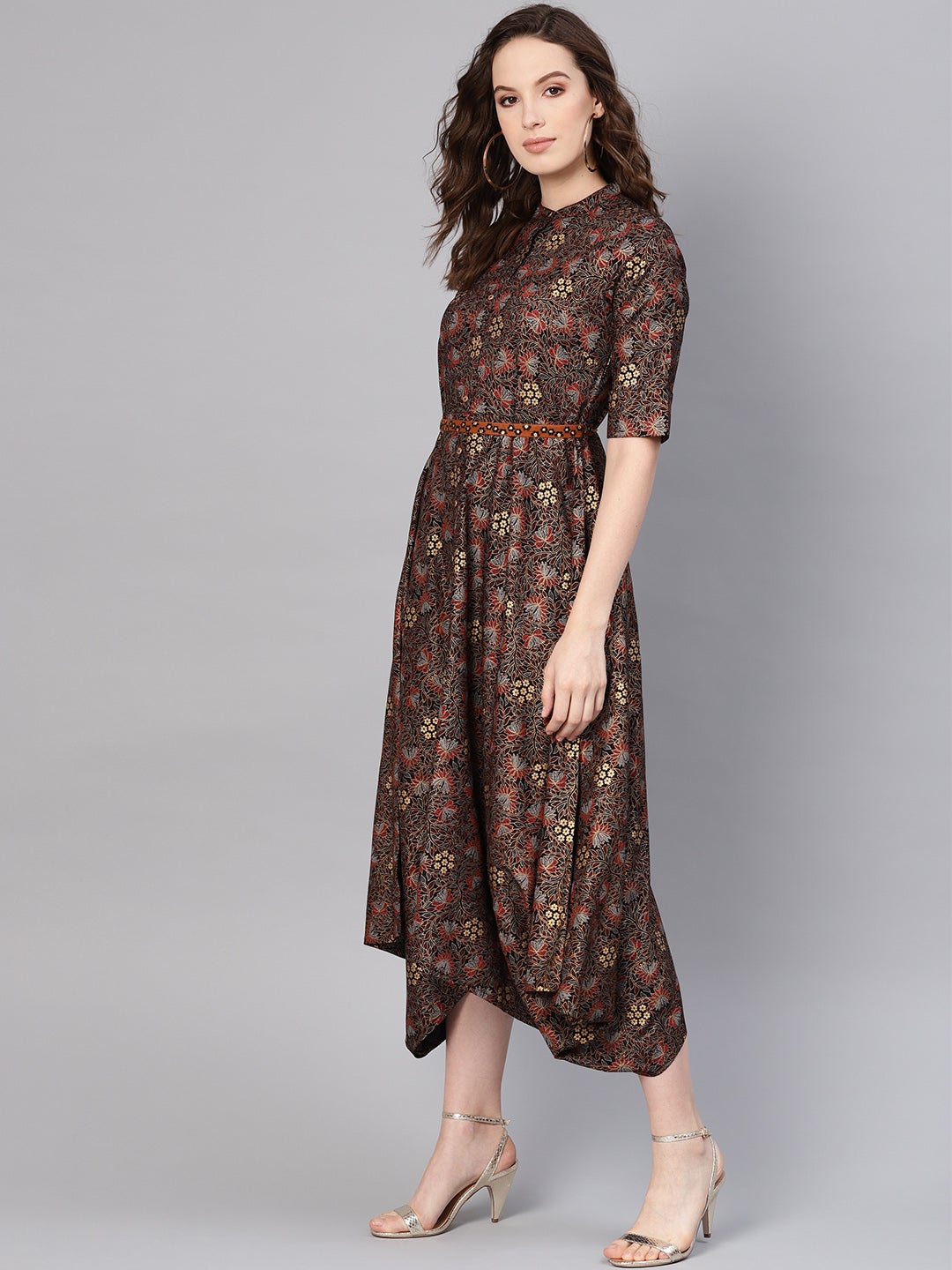 Juniper Black LIVA Printed Asymmetric Dress With Belt