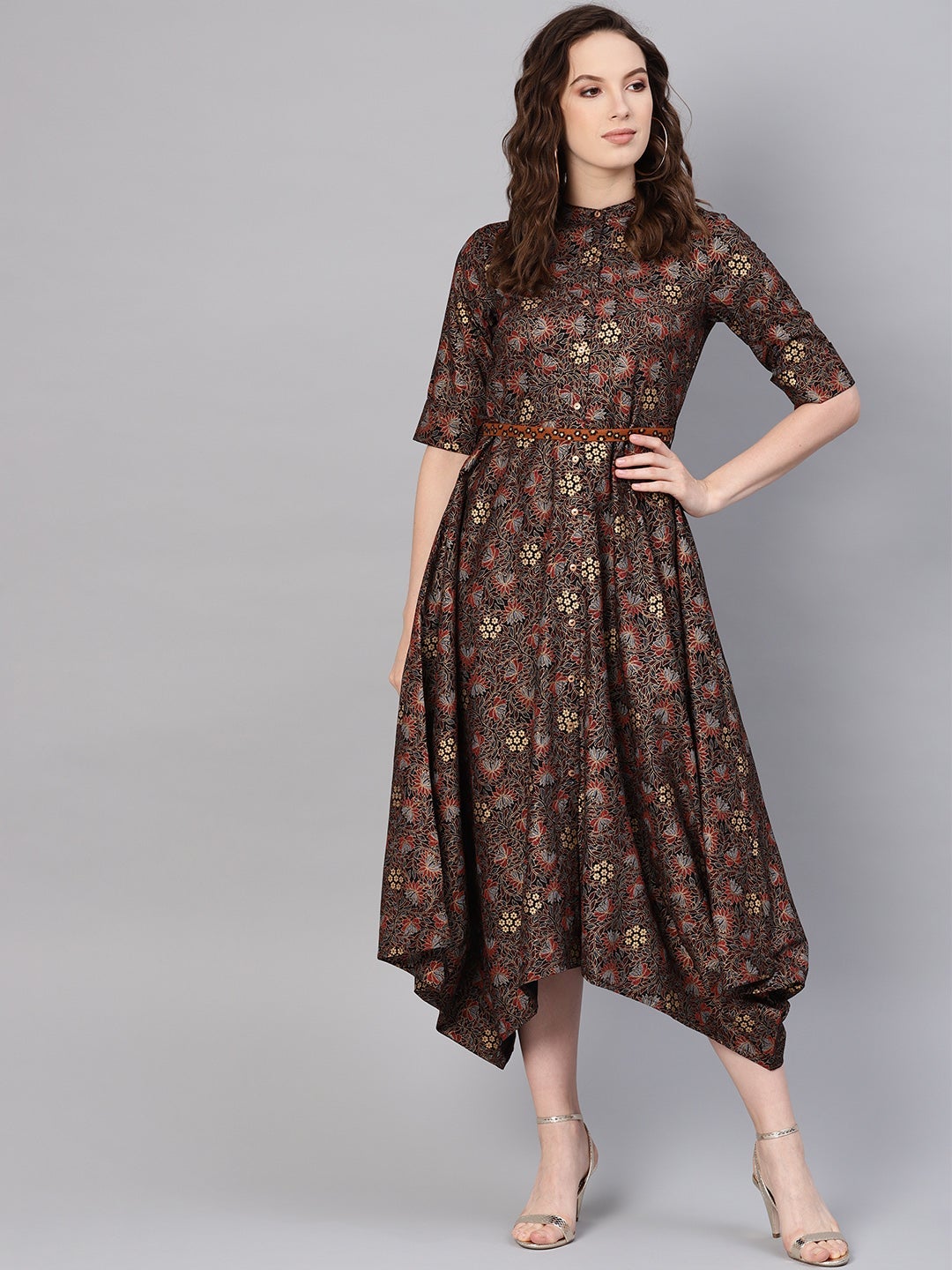 Juniper Black LIVA Printed Asymmetric Dress With Belt