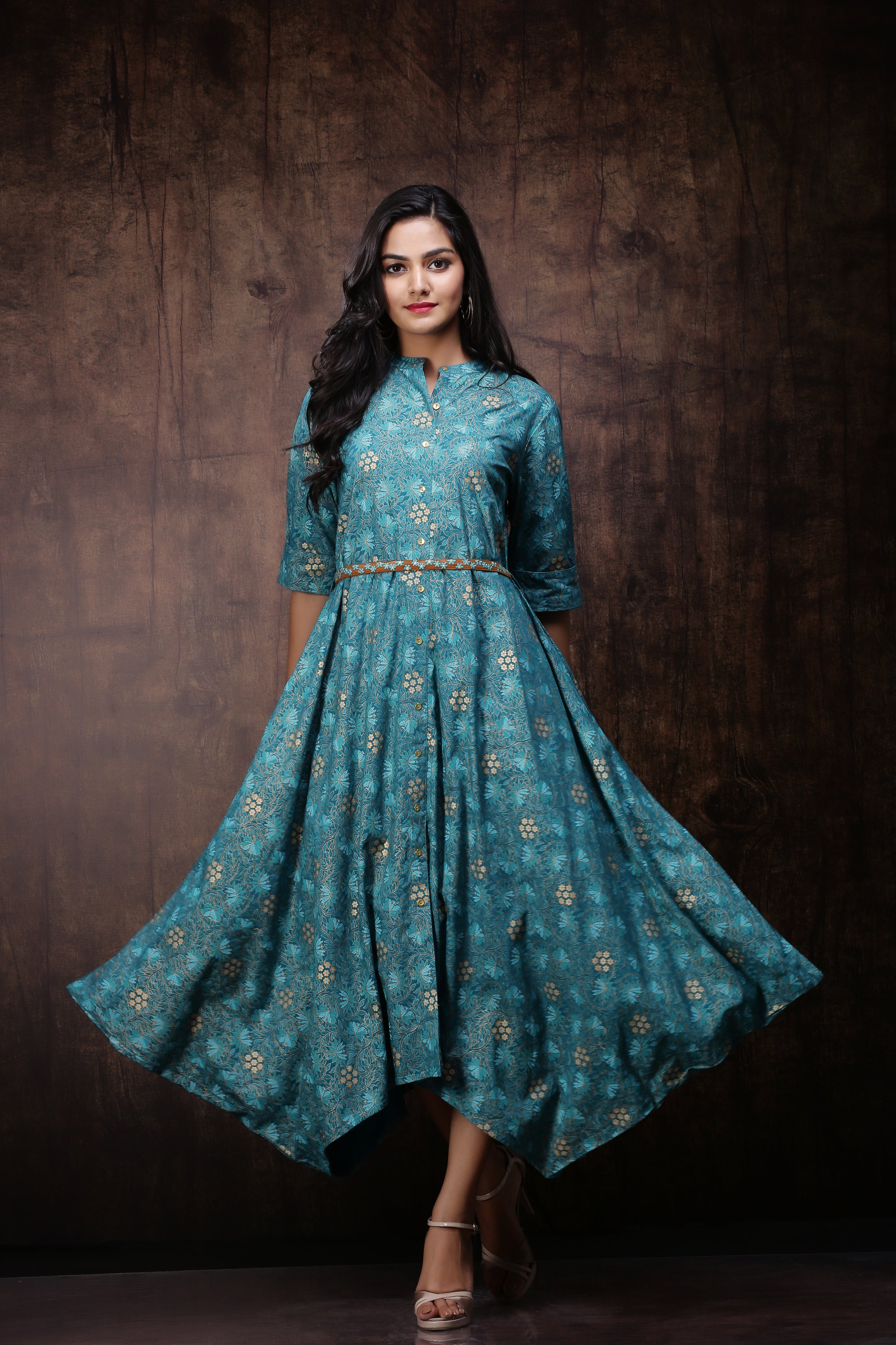 Juniper Teal LIVA Printed Asymmetric Dress With Belt