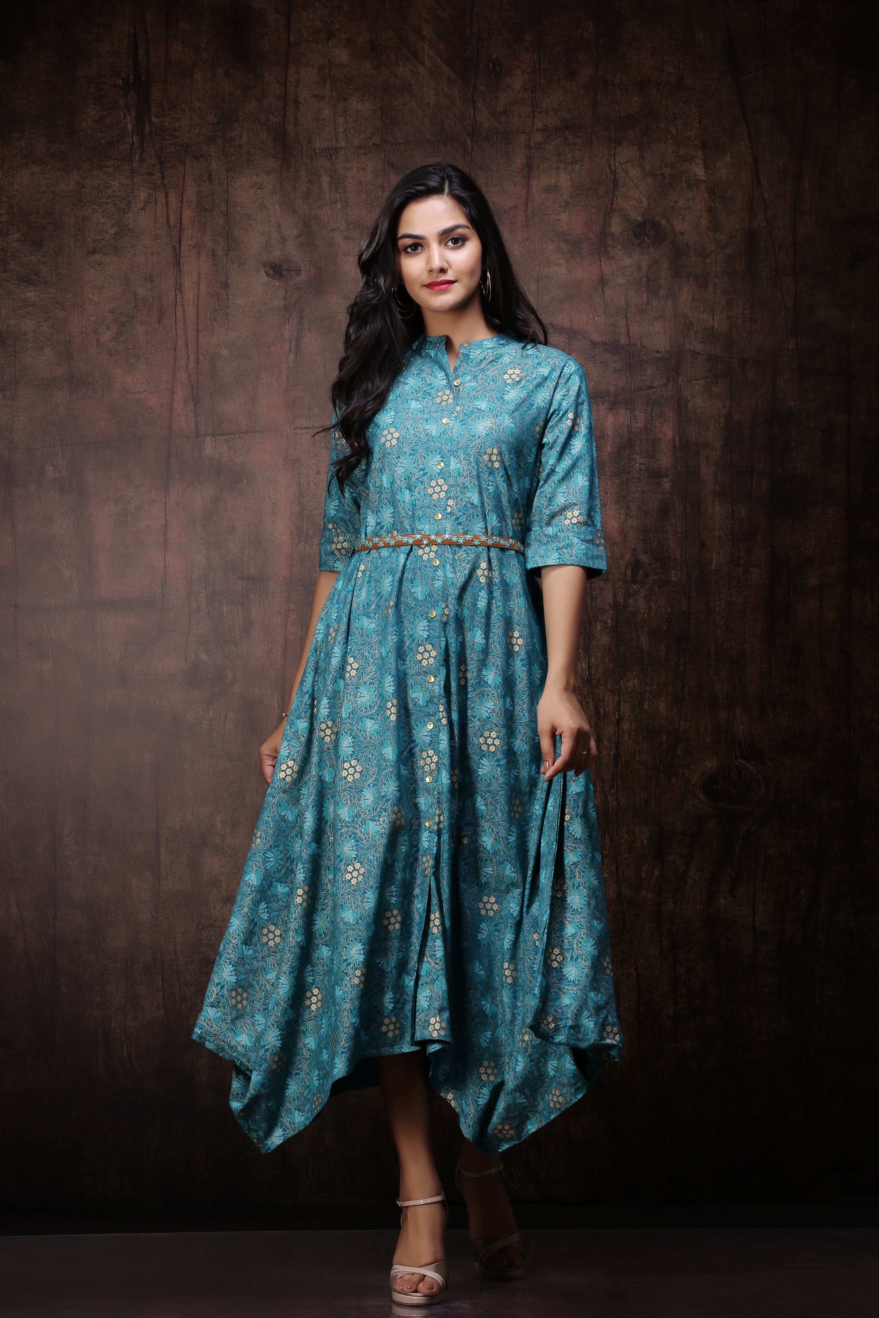 Juniper Teal LIVA Printed Asymmetric Dress With Belt