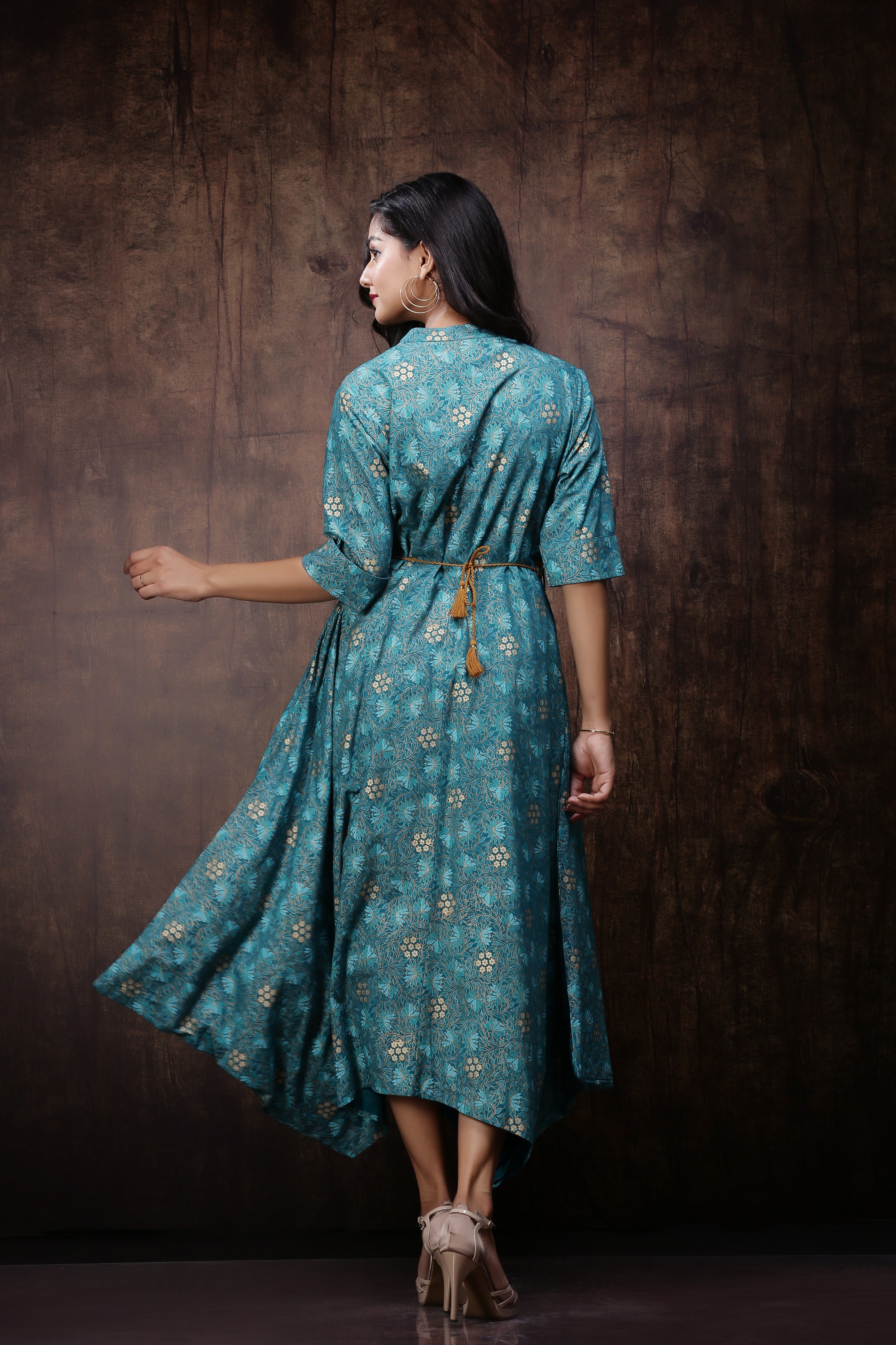 Juniper Teal LIVA Printed Asymmetric Dress With Belt