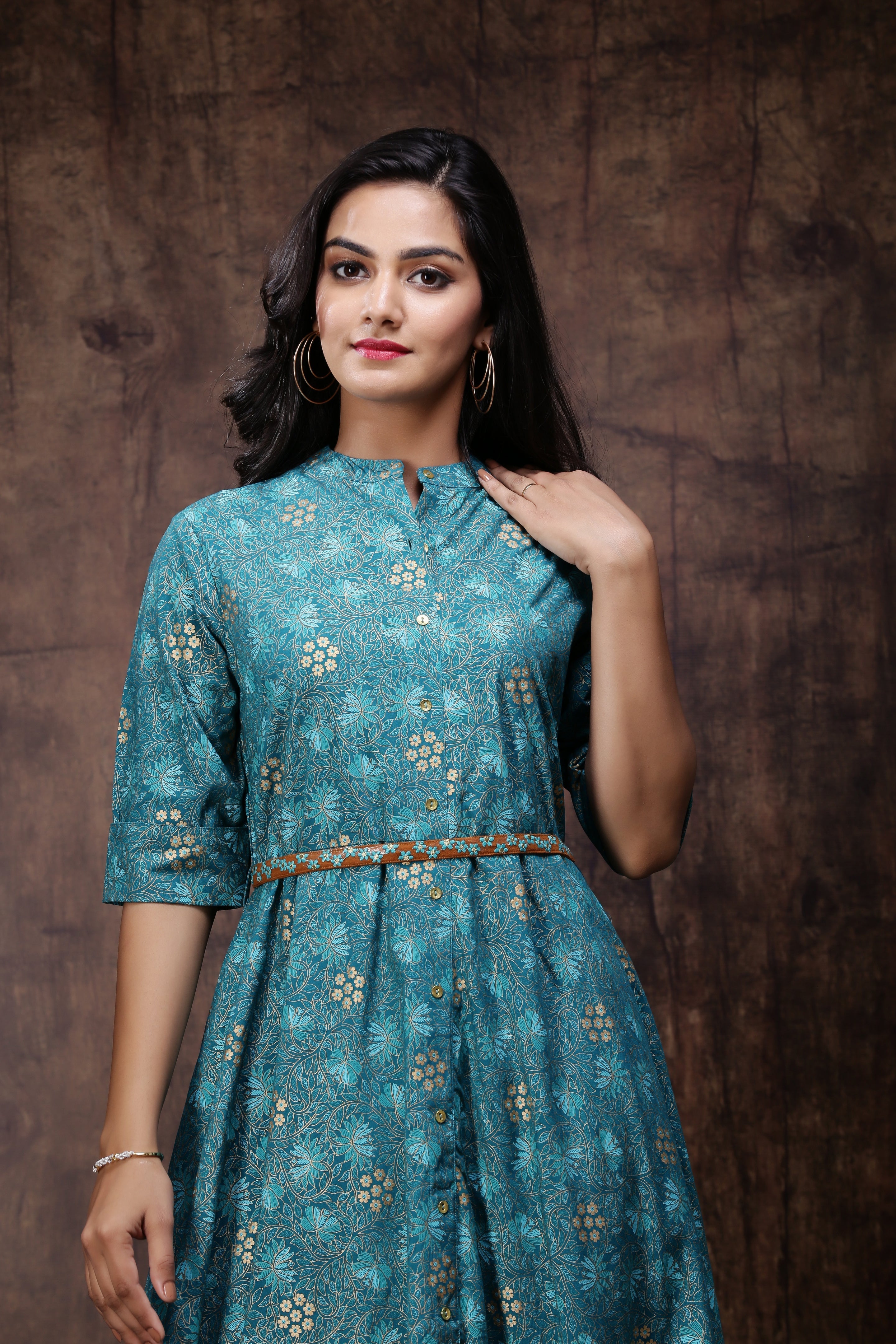 Juniper Teal LIVA Printed Asymmetric Dress With Belt