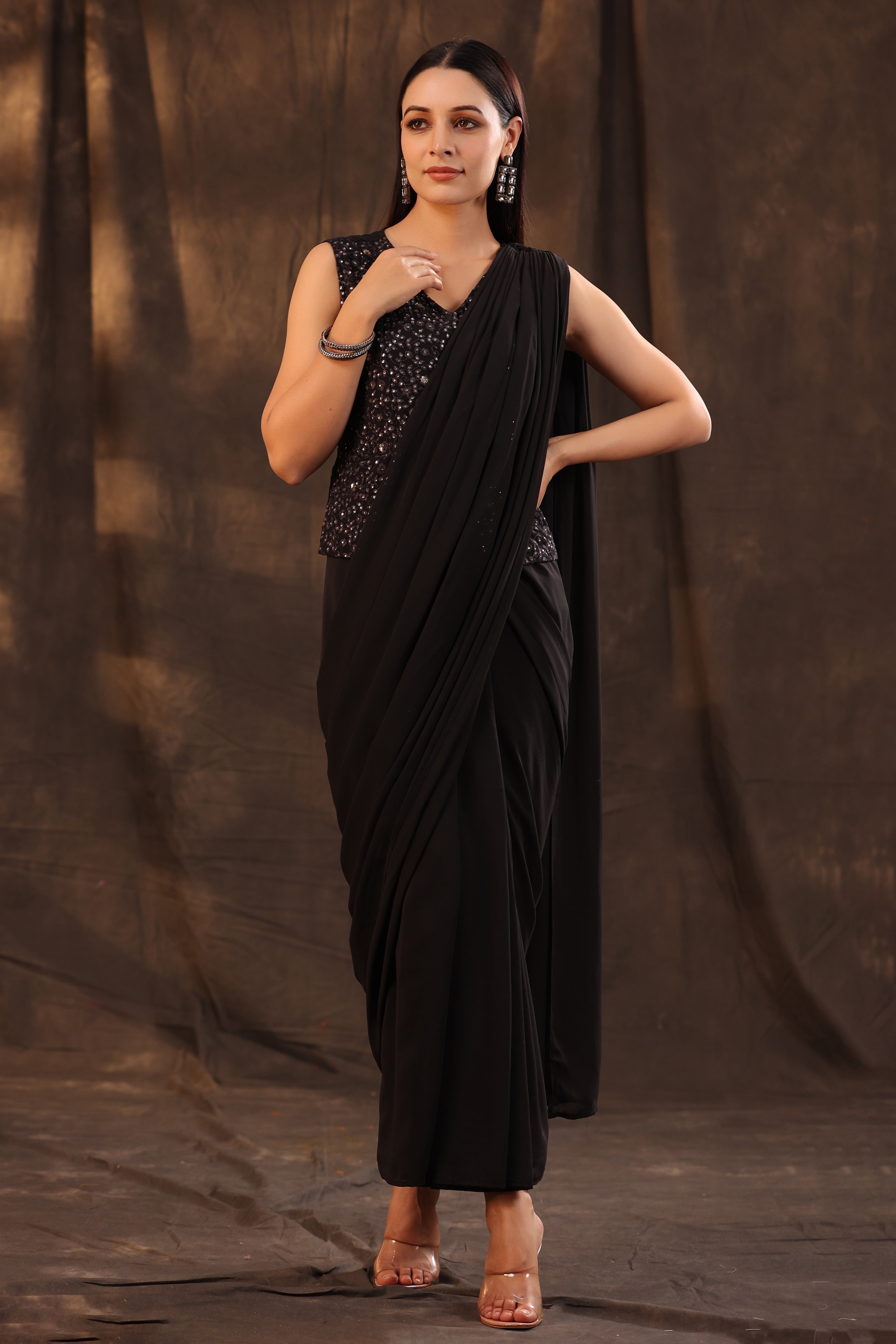 Black Georgette Embellished Saree Style Dress