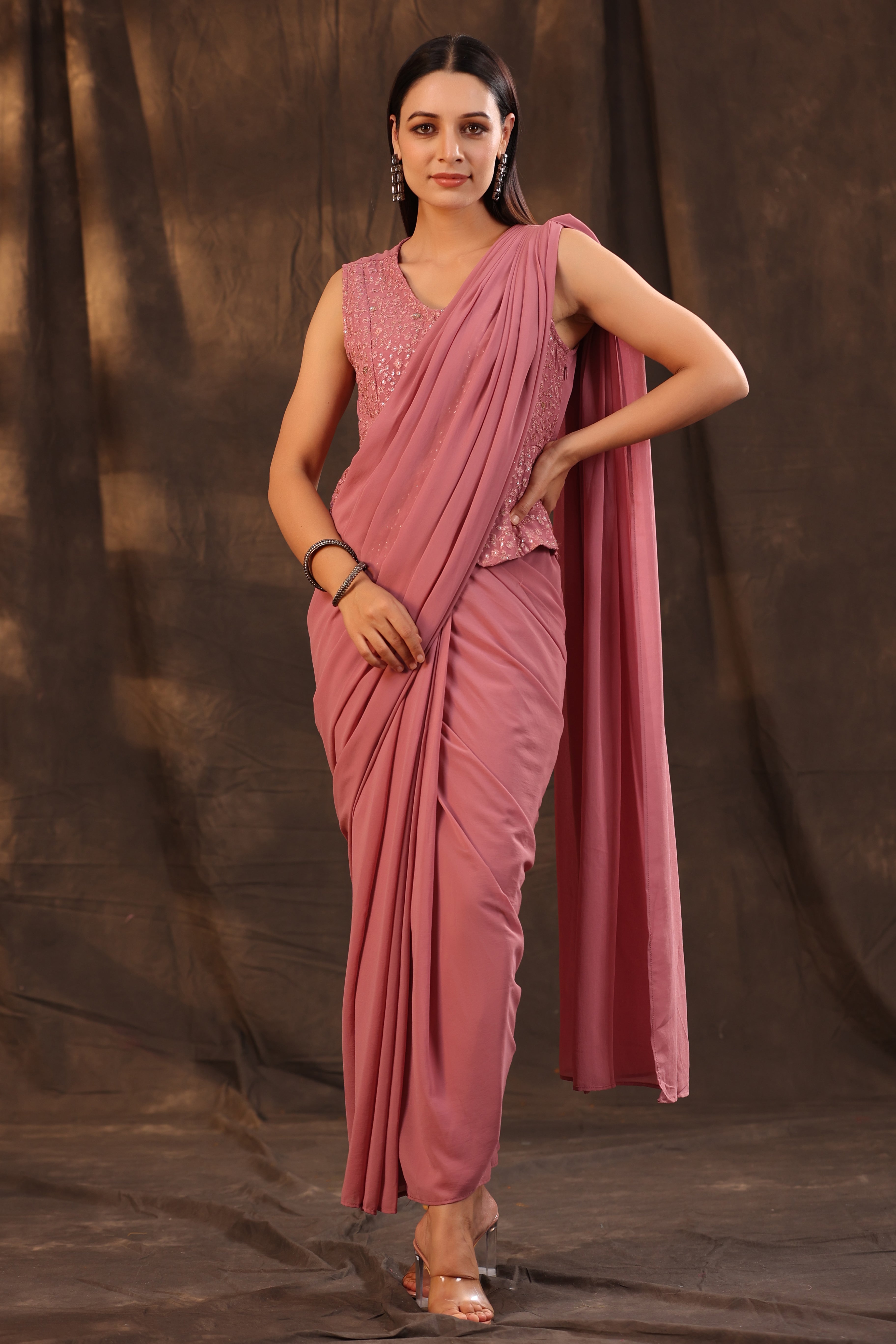 Juniper Rose Gold Floral Printed Georgette Embellished Pre-Draped Saree Style Dress With Thread Work Embroidery