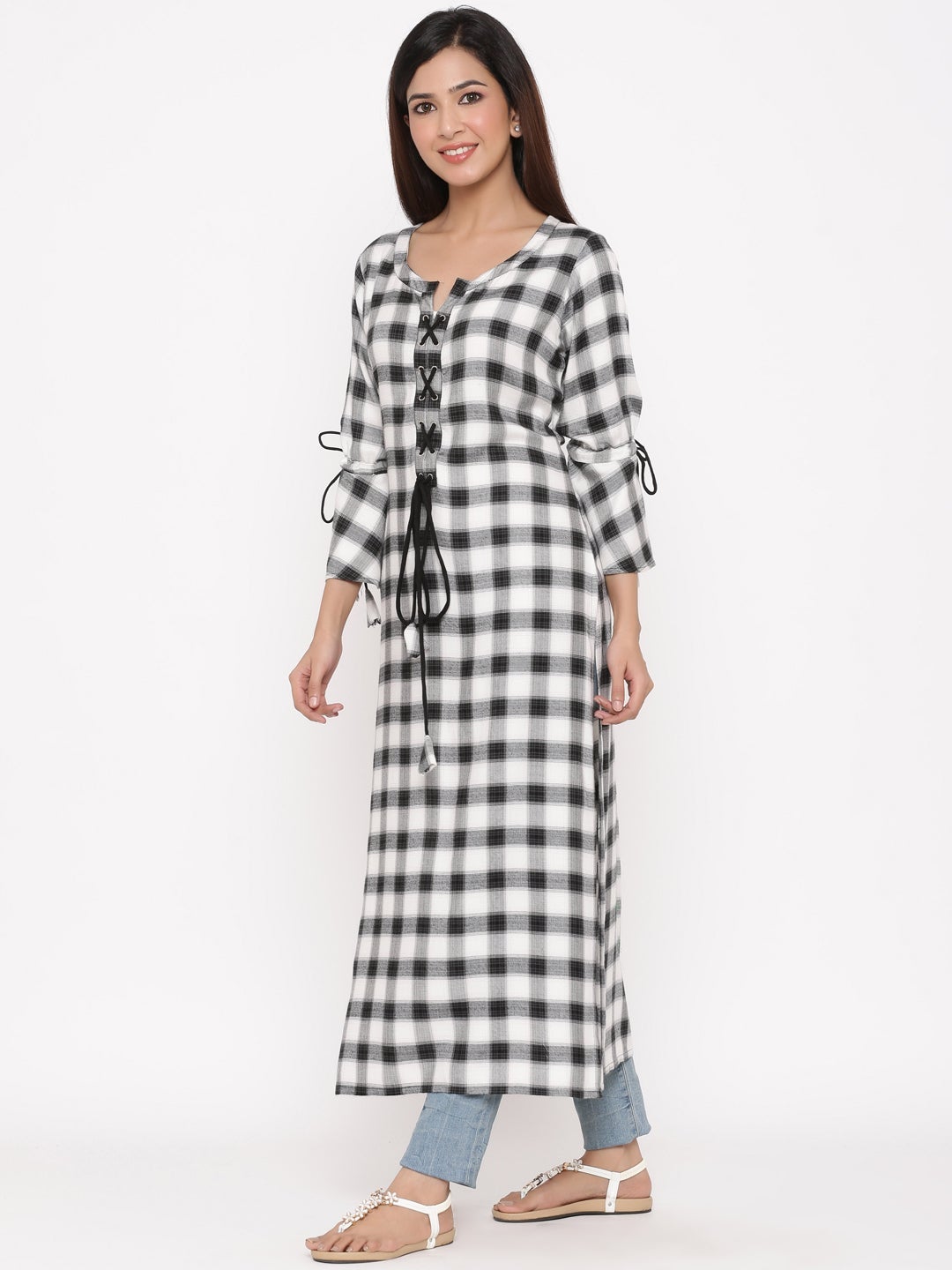 Offwhite Rayon Checkered Straight Kurta