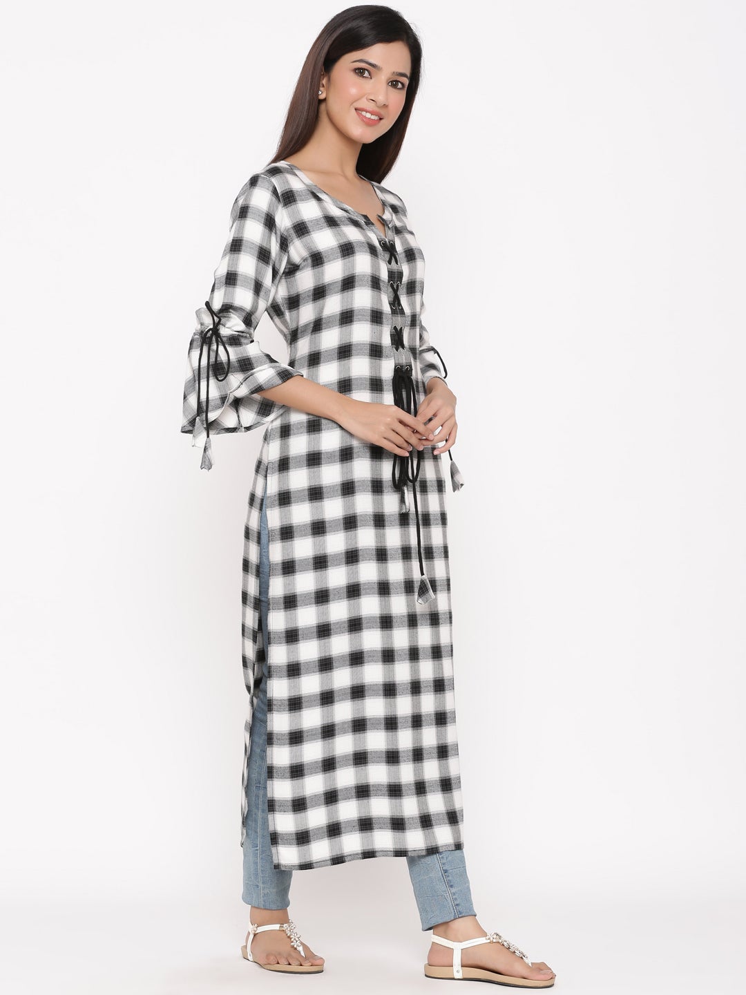 Offwhite Rayon Checkered Straight Kurta