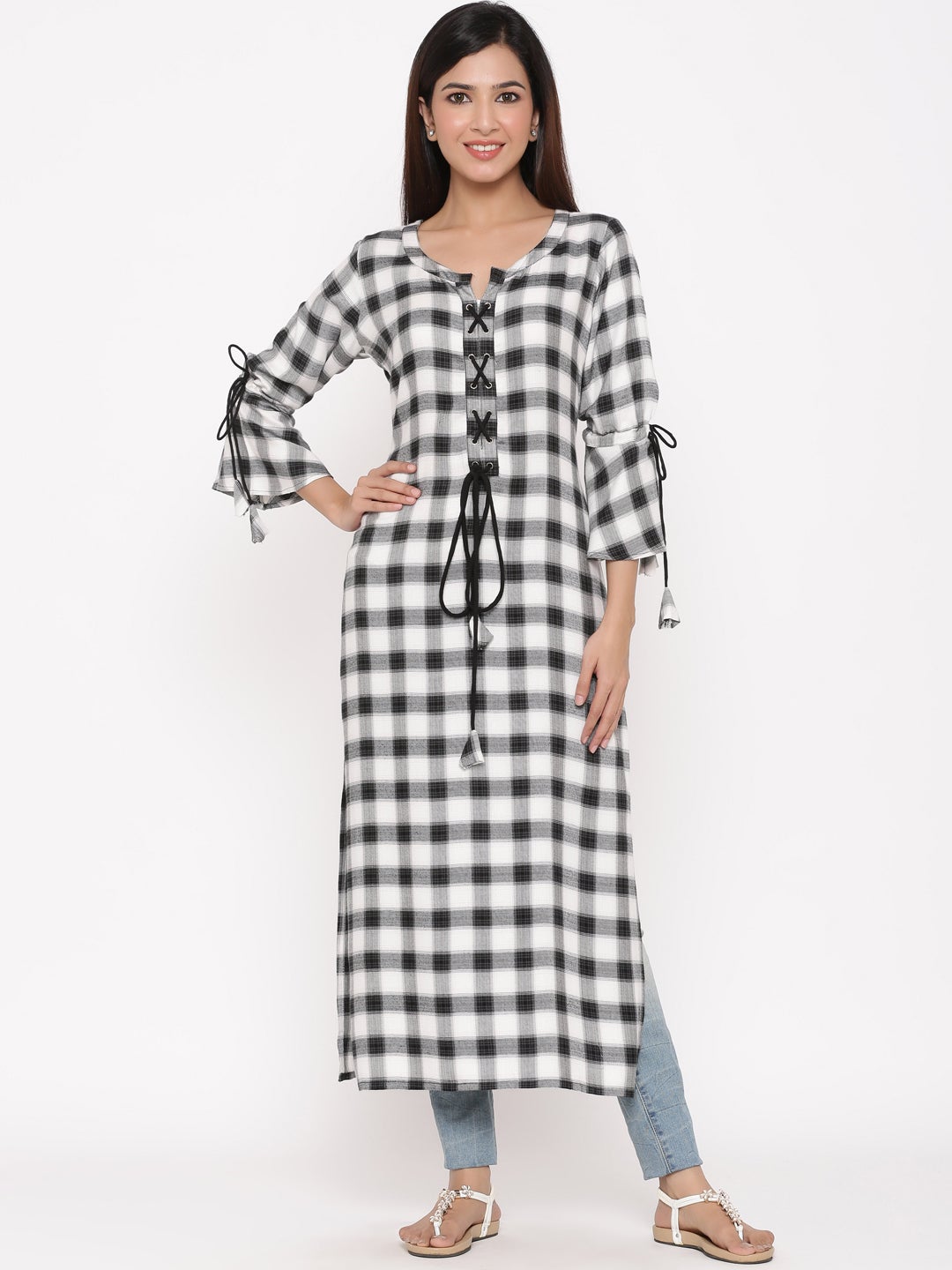 Offwhite Rayon Checkered Straight Kurta