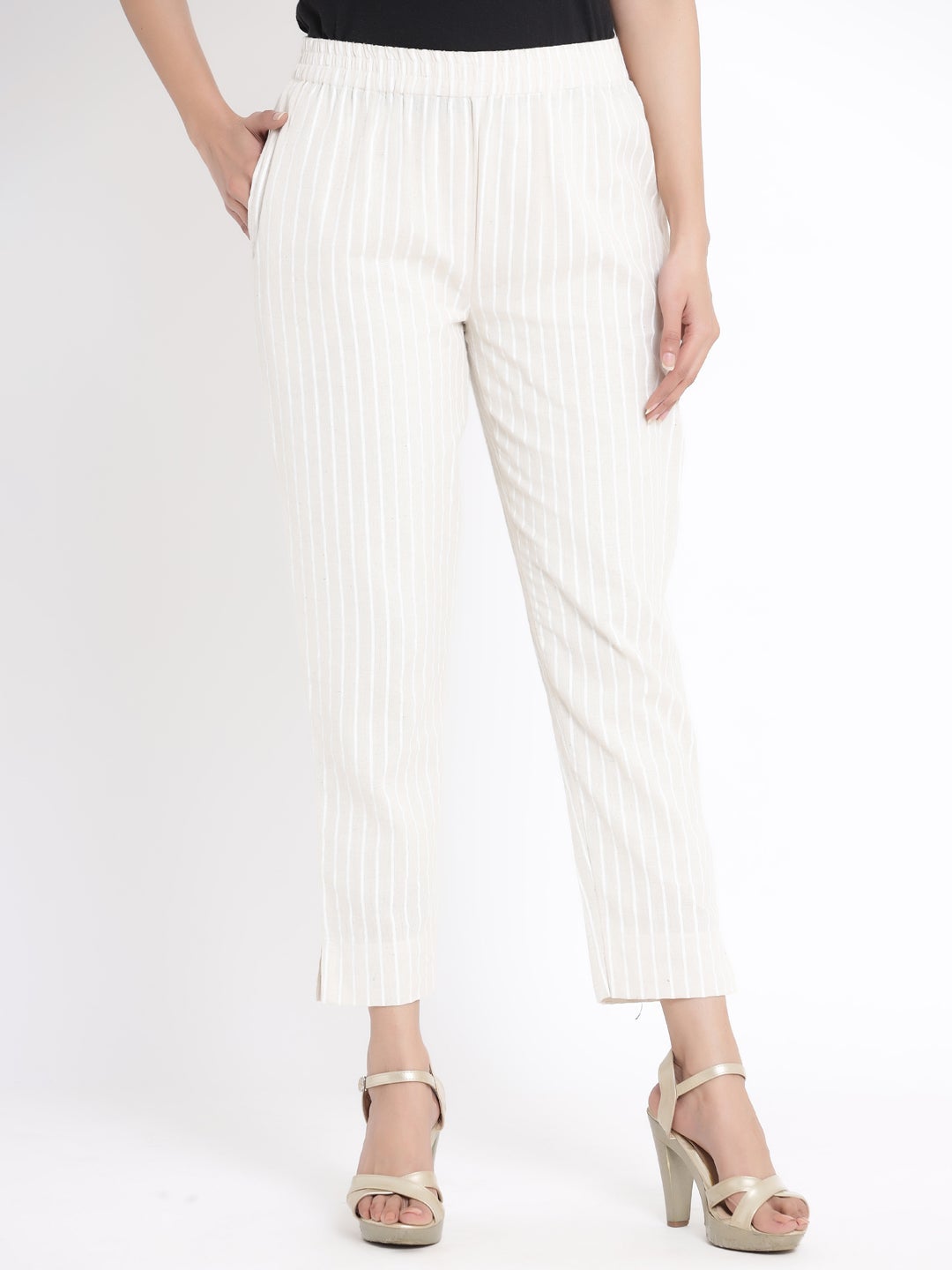 Natural Cotton Striped Trousers with Hair-band