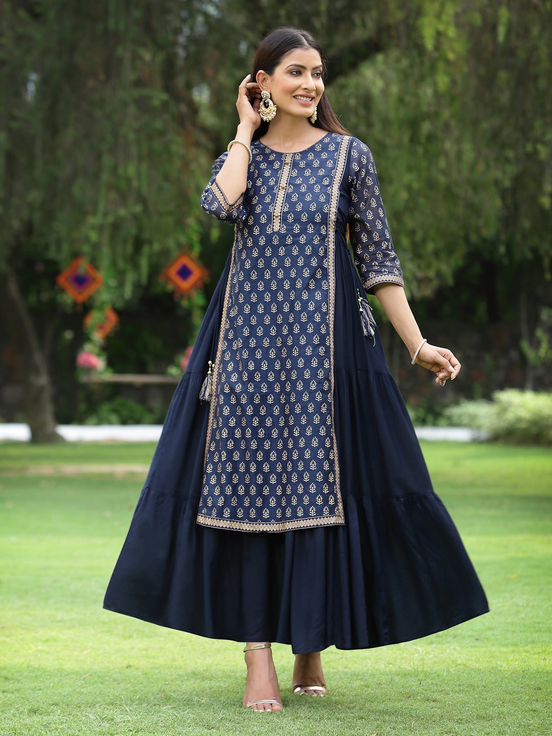 Juniper Women's Navy Chanderi Silk Printed Layered Kurta Dress With Purse & Hair-Band
