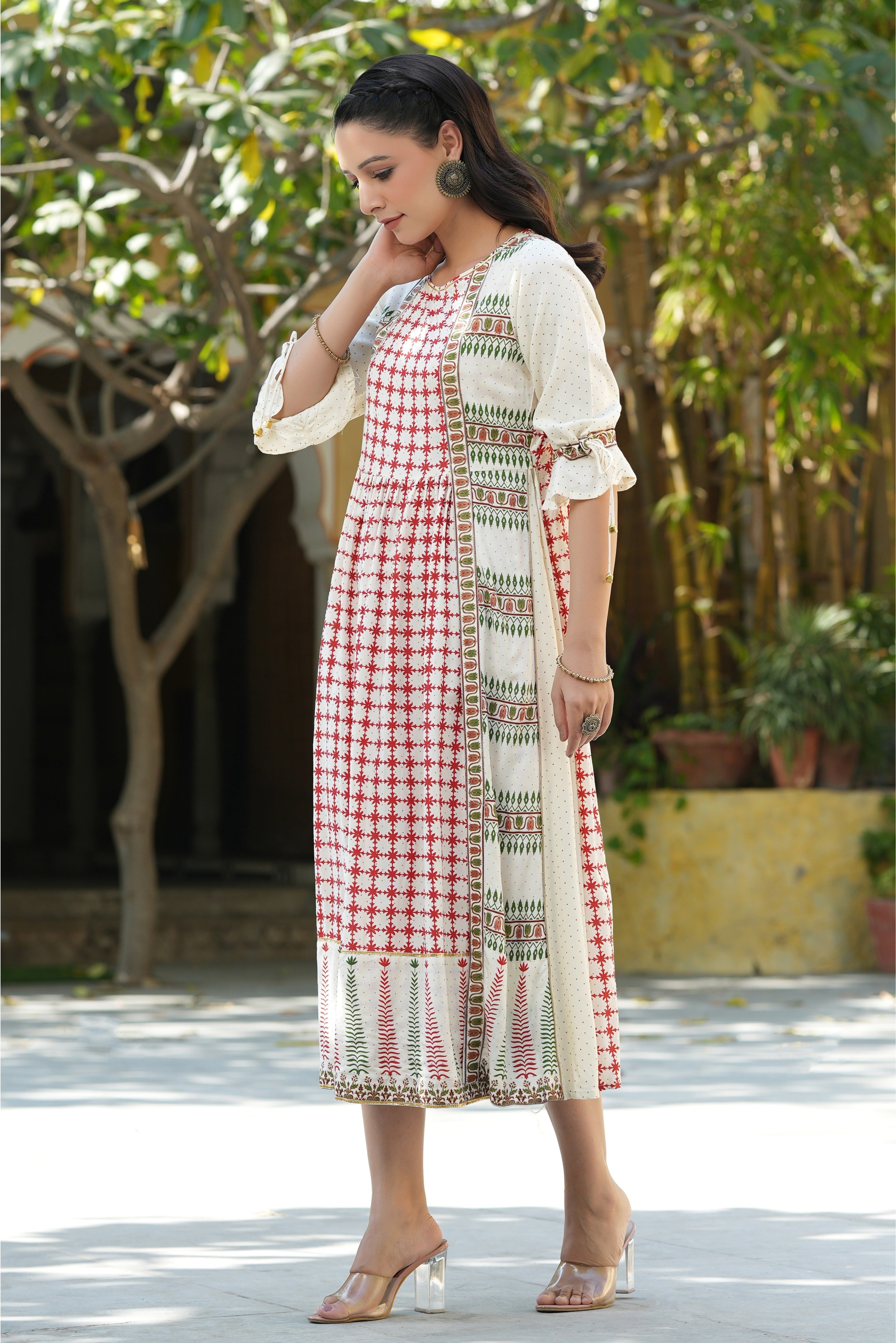 Juniper Women's Ivory LIVA Printed A-Line Dress With Mask