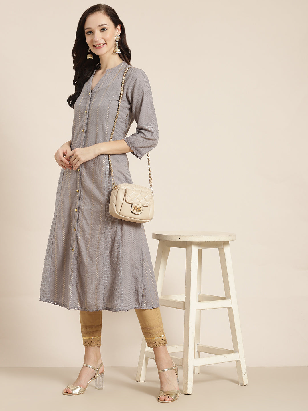 Juniper Grey Cotton Dobby Printed A-Line Kurta with Mask