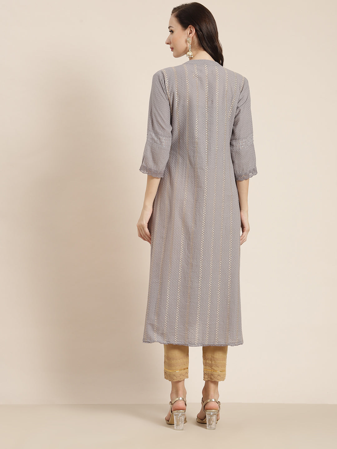 Juniper Grey Cotton Dobby Printed A-Line Kurta with Mask