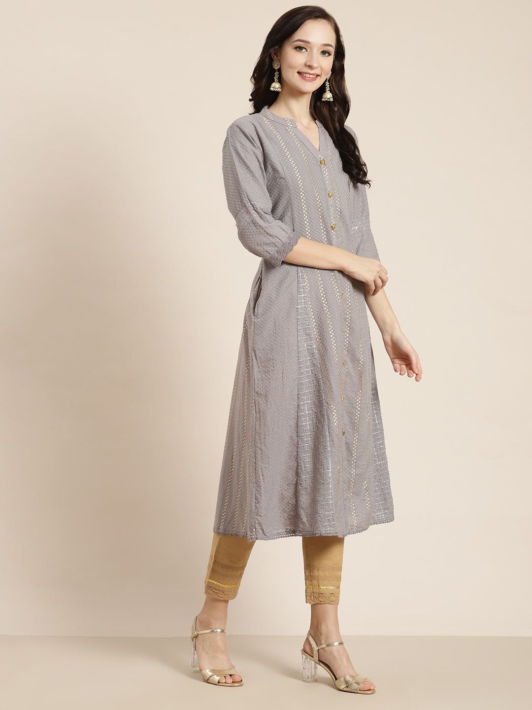 Juniper Grey Cotton Dobby Printed A-Line Kurta with Mask