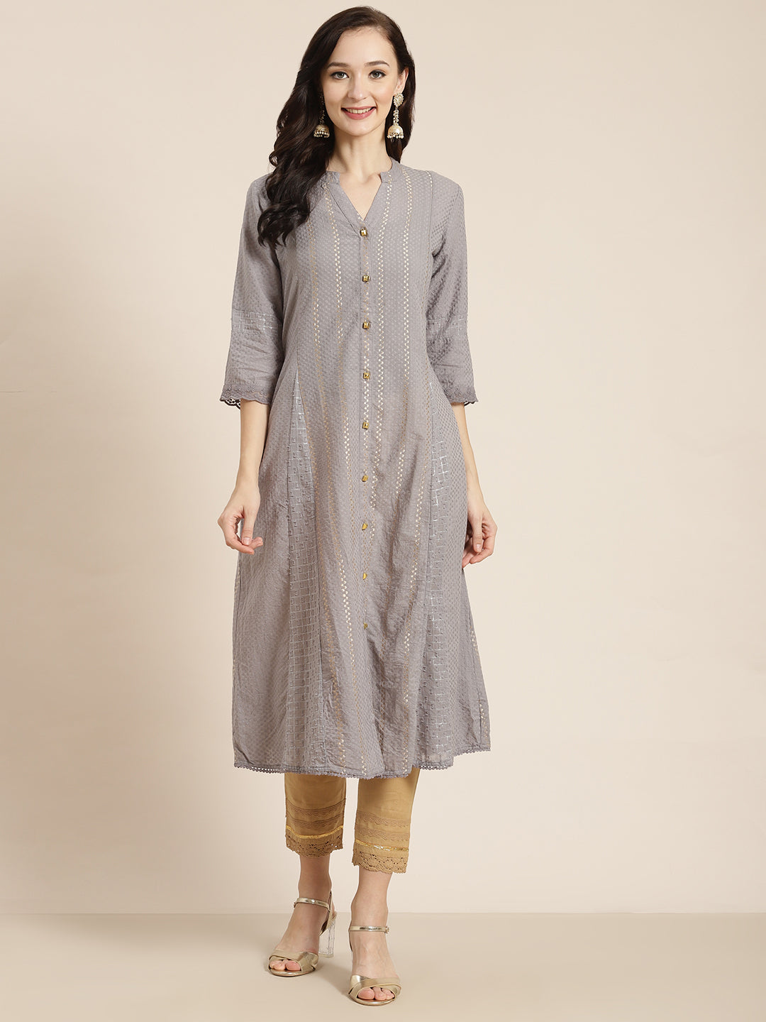 Juniper Grey Cotton Dobby Printed A-Line Kurta with Mask