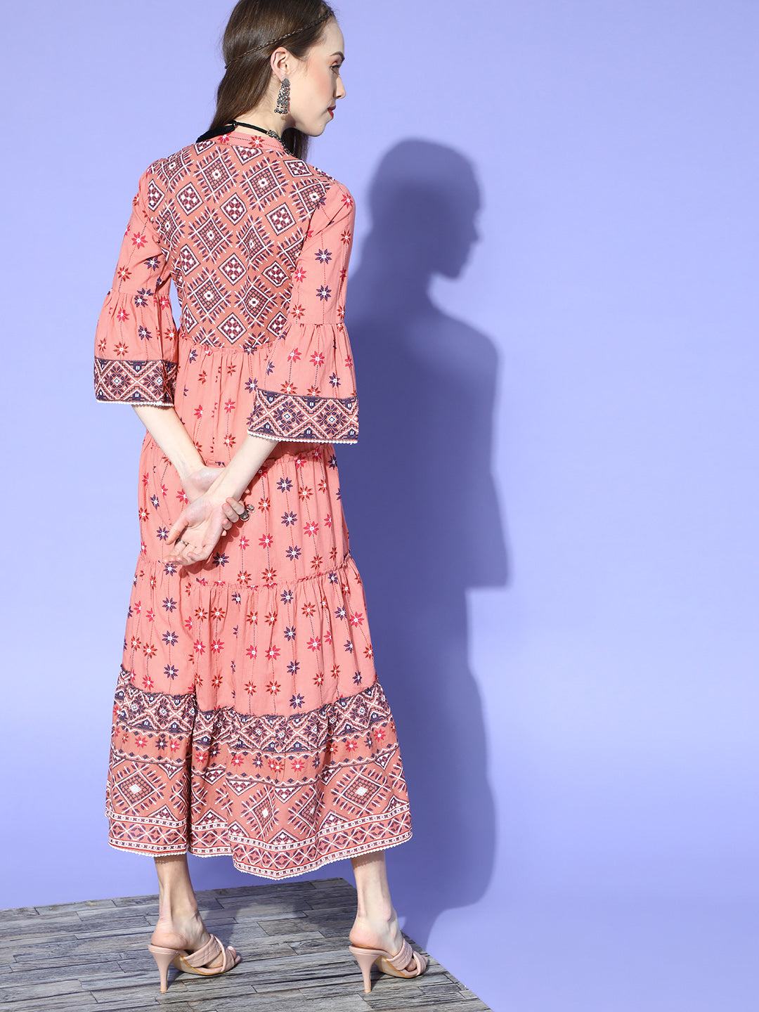 Juniper Women`s Peach Cambric Printed Tiered Dress