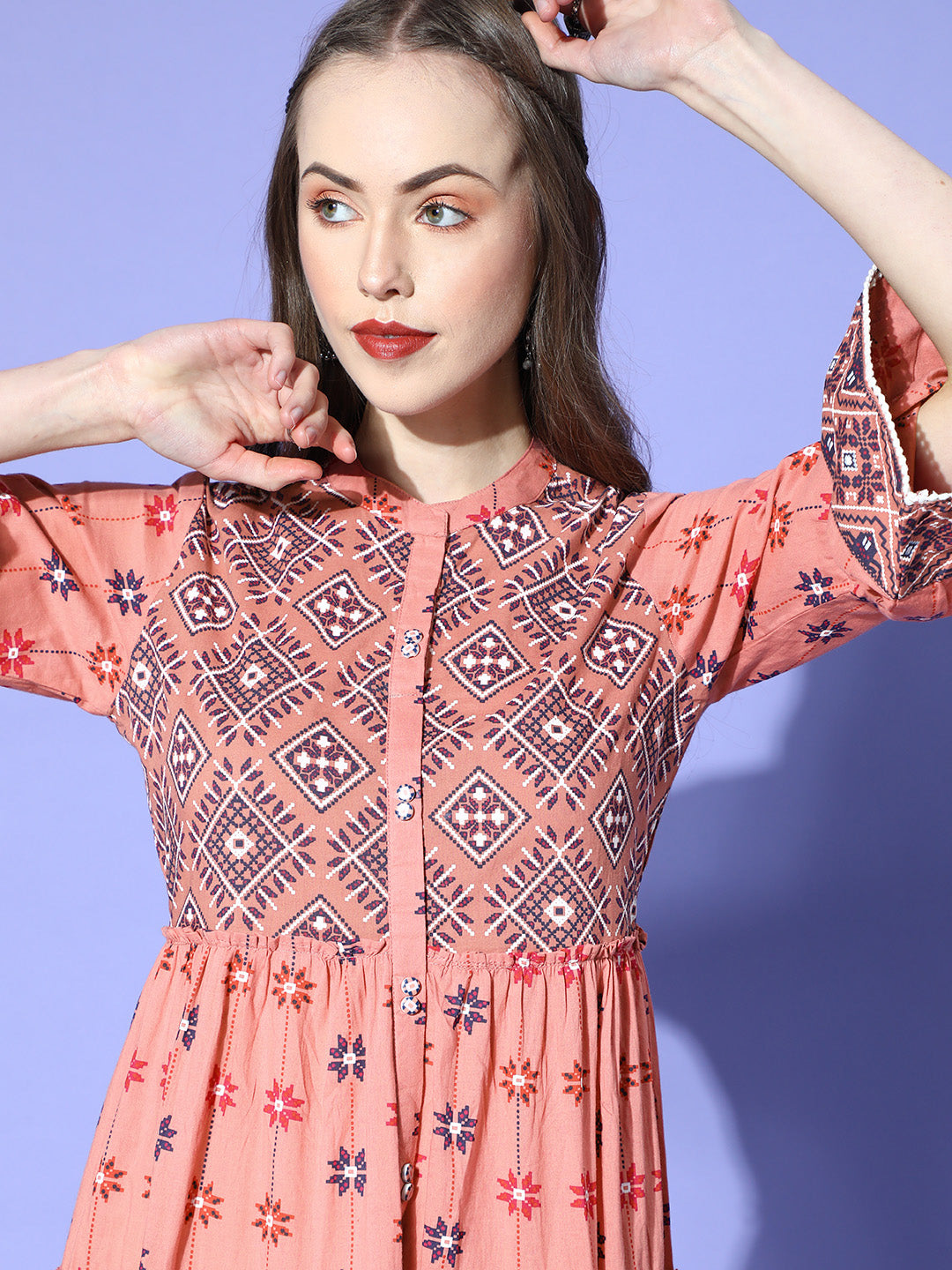 Juniper Women`s Peach Cambric Printed Tiered Dress