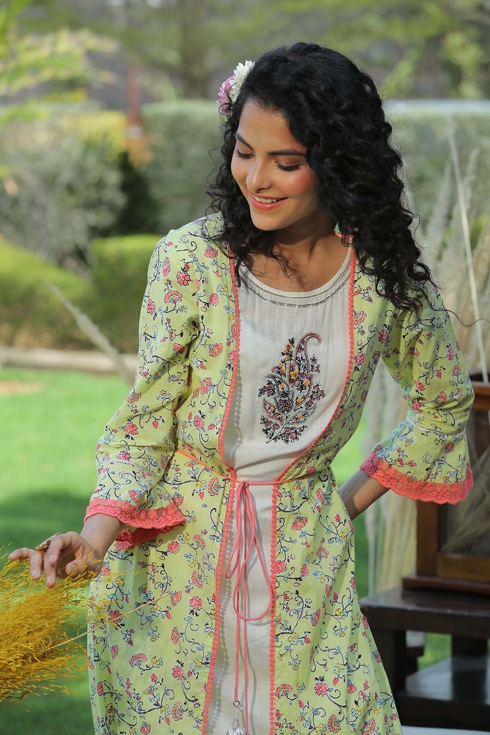 Juniper Limegreen Cambric & Rayon Floral Print Jacket Style Kurta