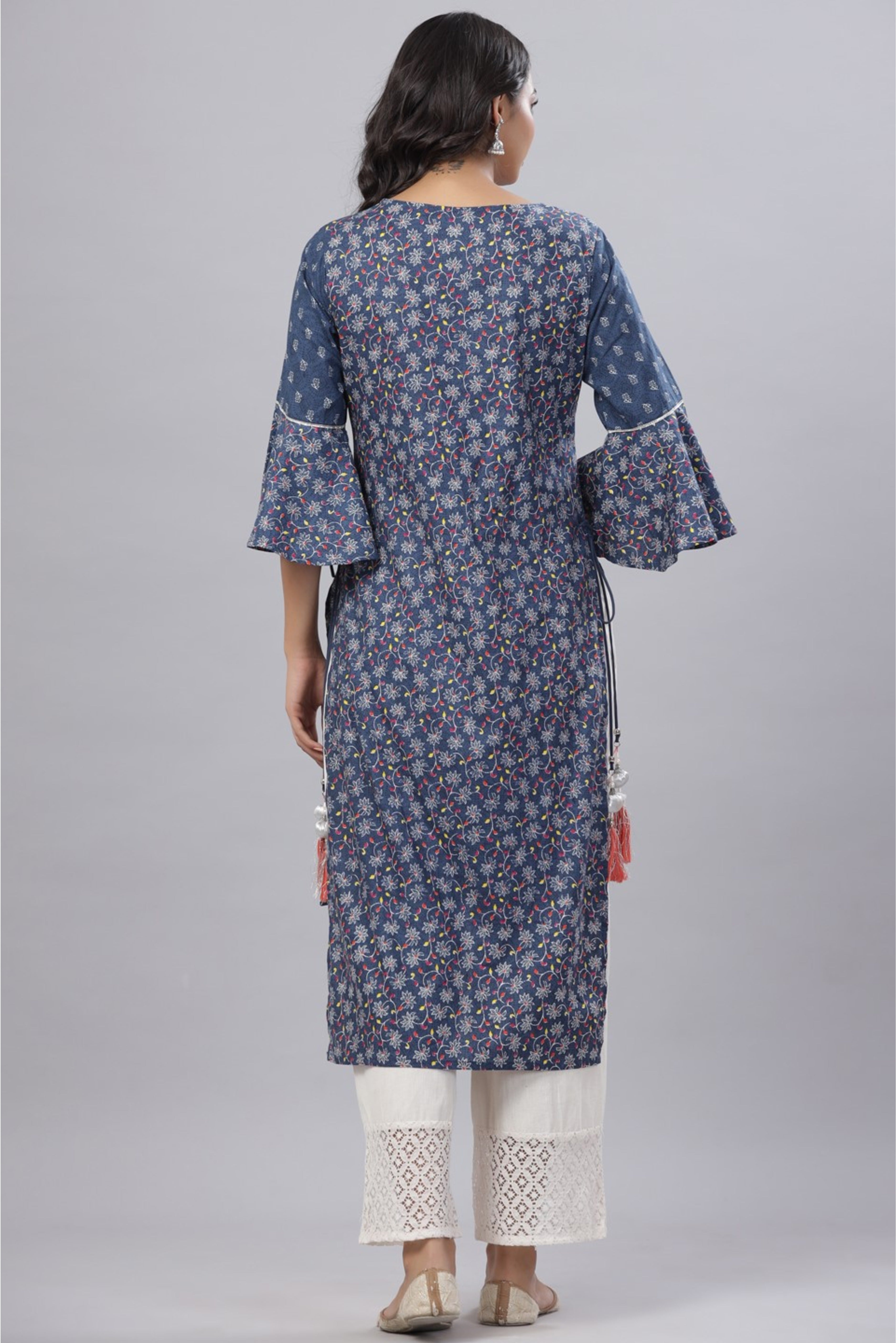 Juniper Women's Indigo Cambric Floral Print Straight High-Low Kurta With Mask