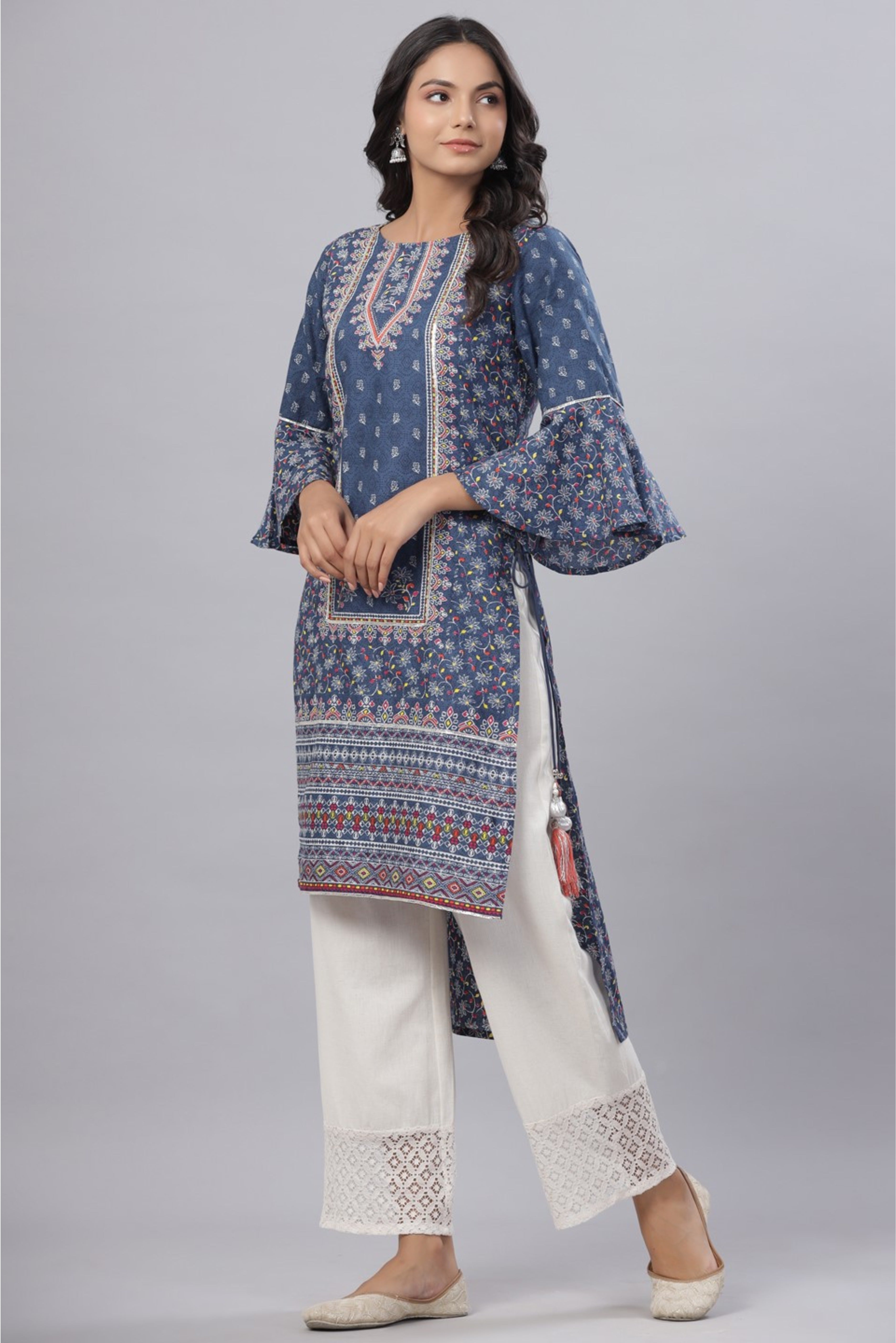 Juniper Women's Indigo Cambric Floral Print Straight High-Low Kurta With Mask