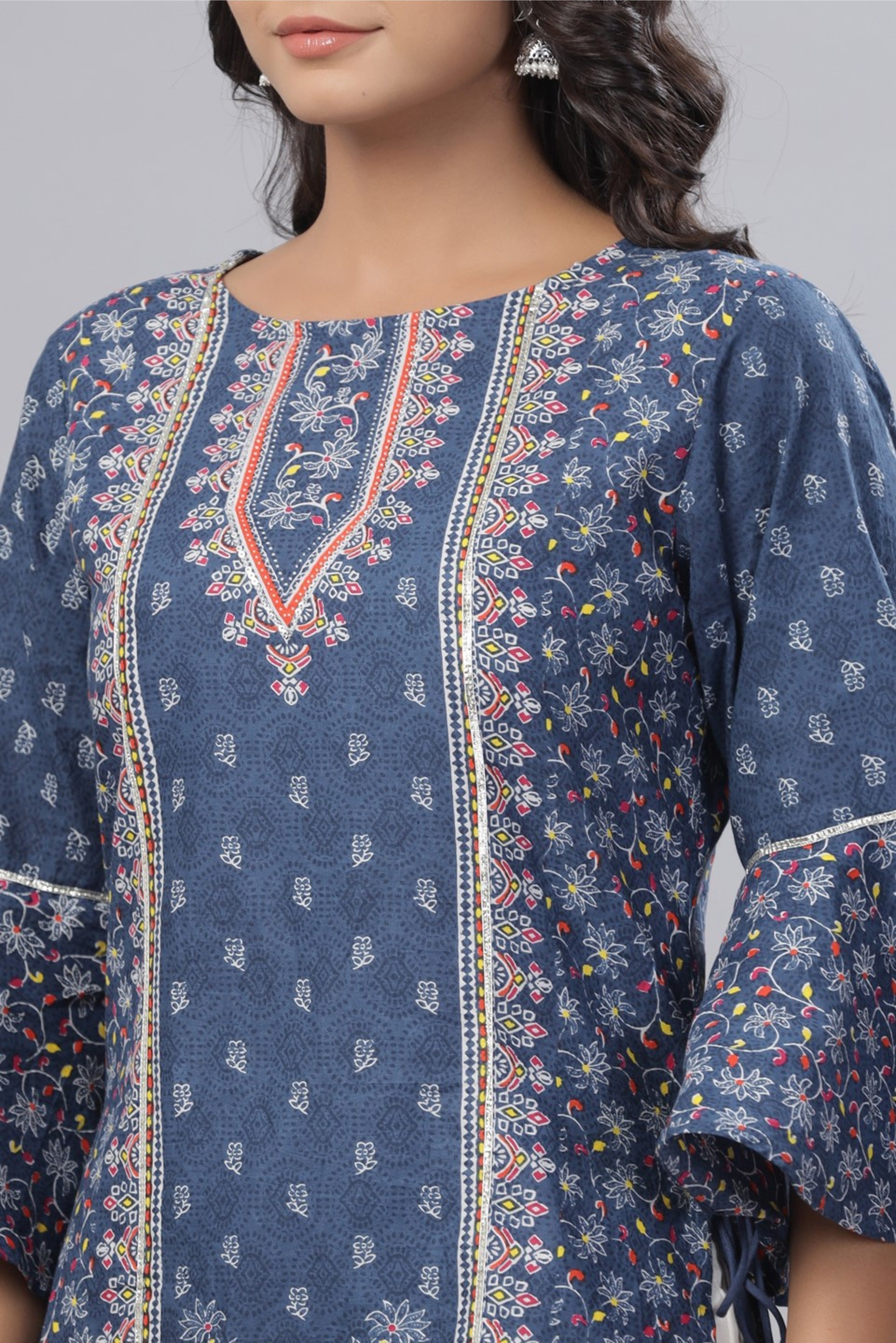 Juniper Women's Indigo Cambric Floral Print Straight High-Low Kurta With Mask