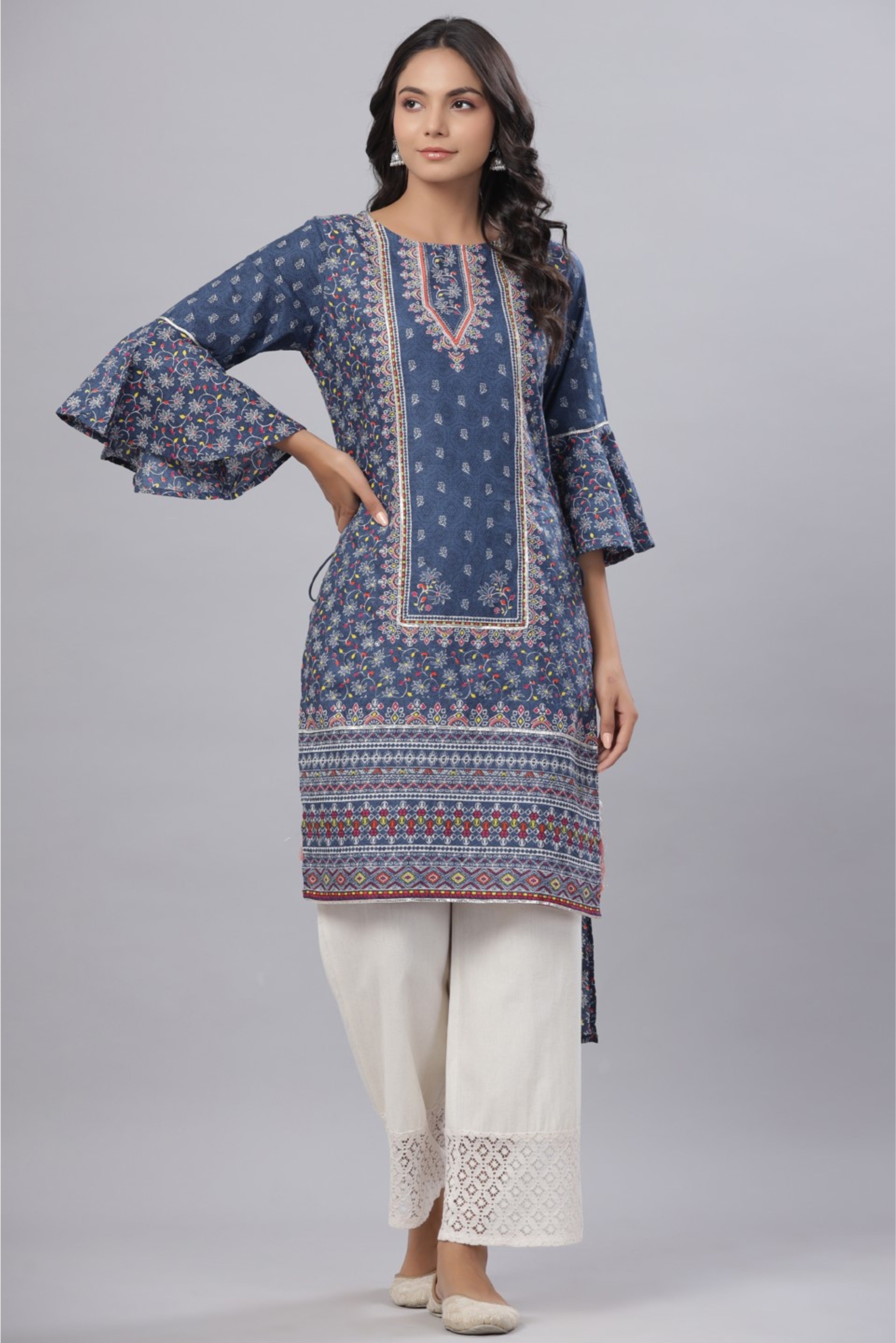 Juniper Women's Indigo Cambric Floral Print Straight High-Low Kurta With Mask