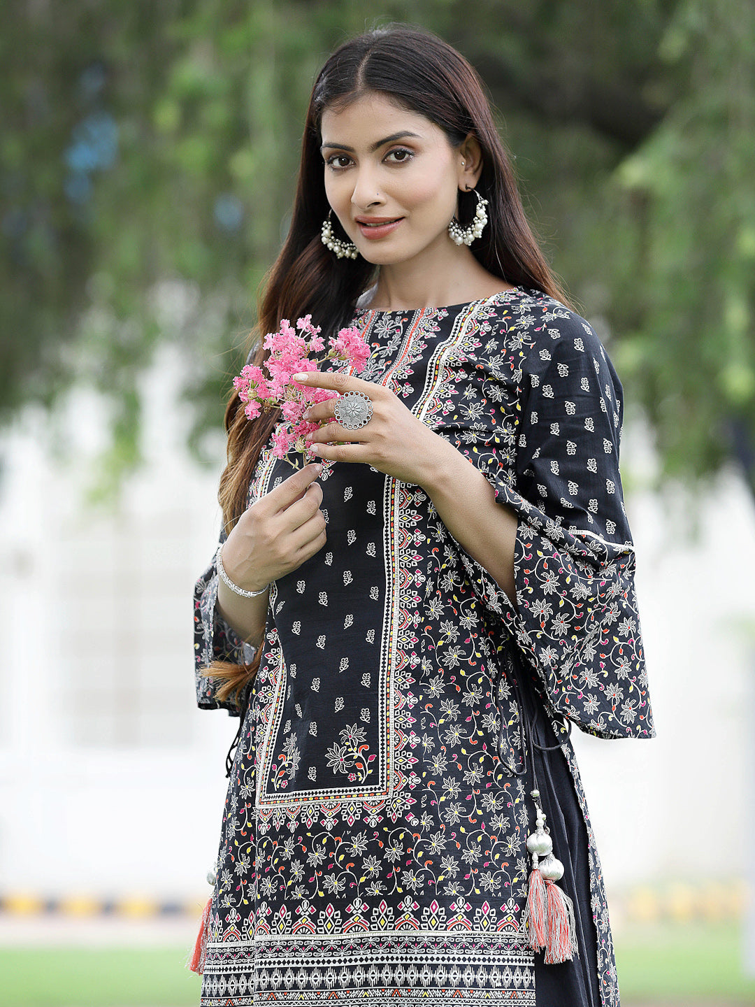 Juniper Women`s Black Cambric Printed High-Low Kurta Sets