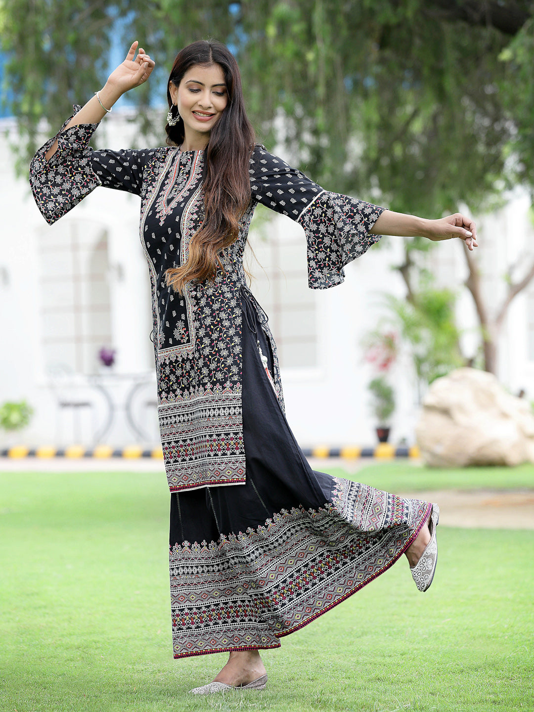 Juniper Women`s Black Cambric Printed High-Low Kurta Sets