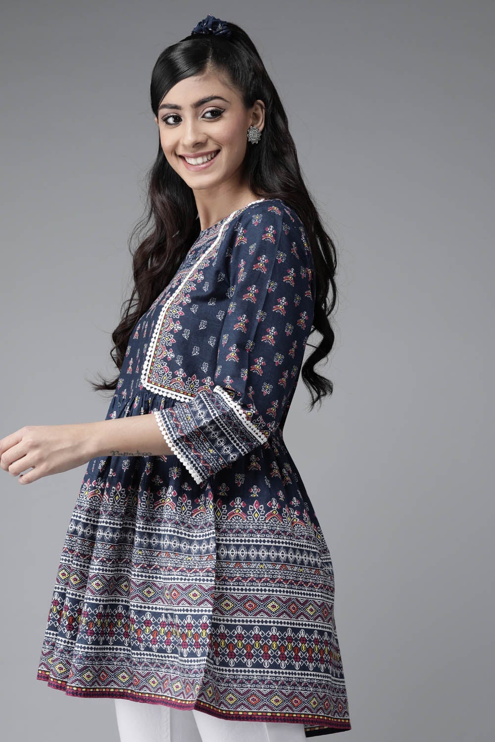Indigo cambric floral printed tunic