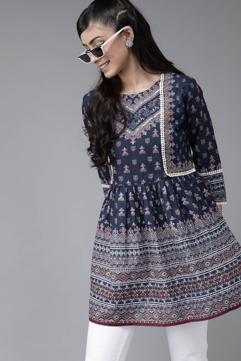 Indigo cambric floral printed tunic