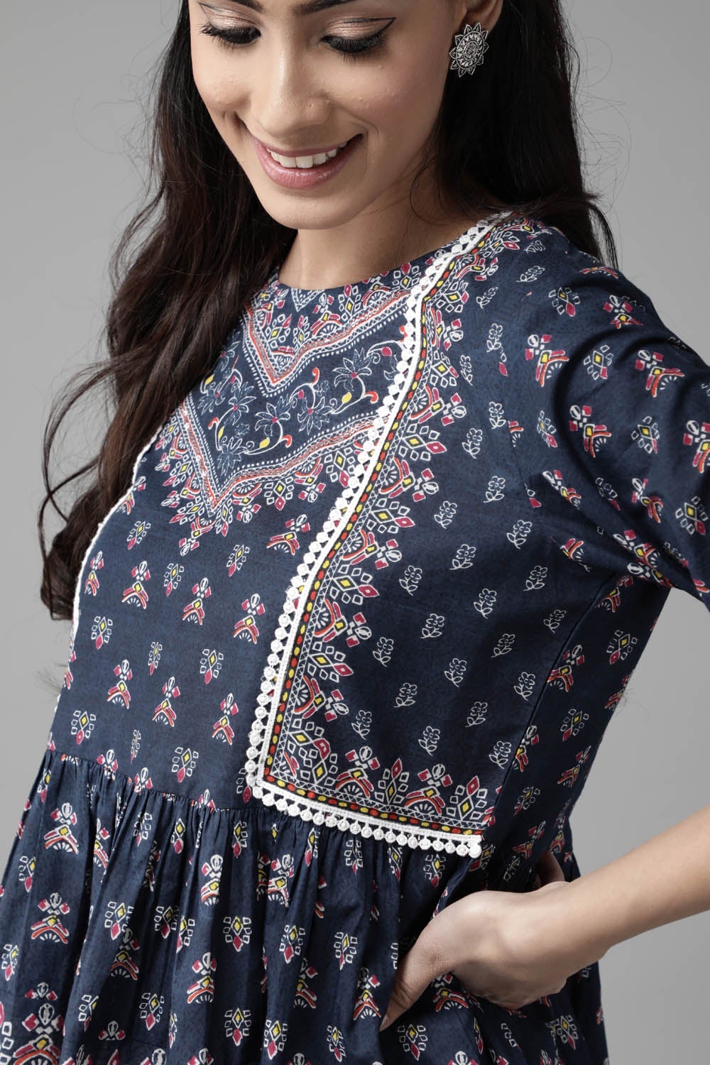 Indigo cambric floral printed tunic